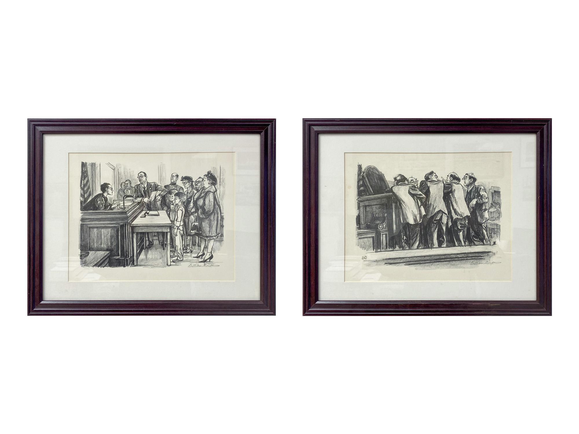 A pair of William Alexander Sharp ( American, 1900 - 1961) lithographs , created circa 1940's , portraying a court scene. One lithograph showing lawyers " Side bench " in front of the judge. The second one showing juveniles in front of the judge.