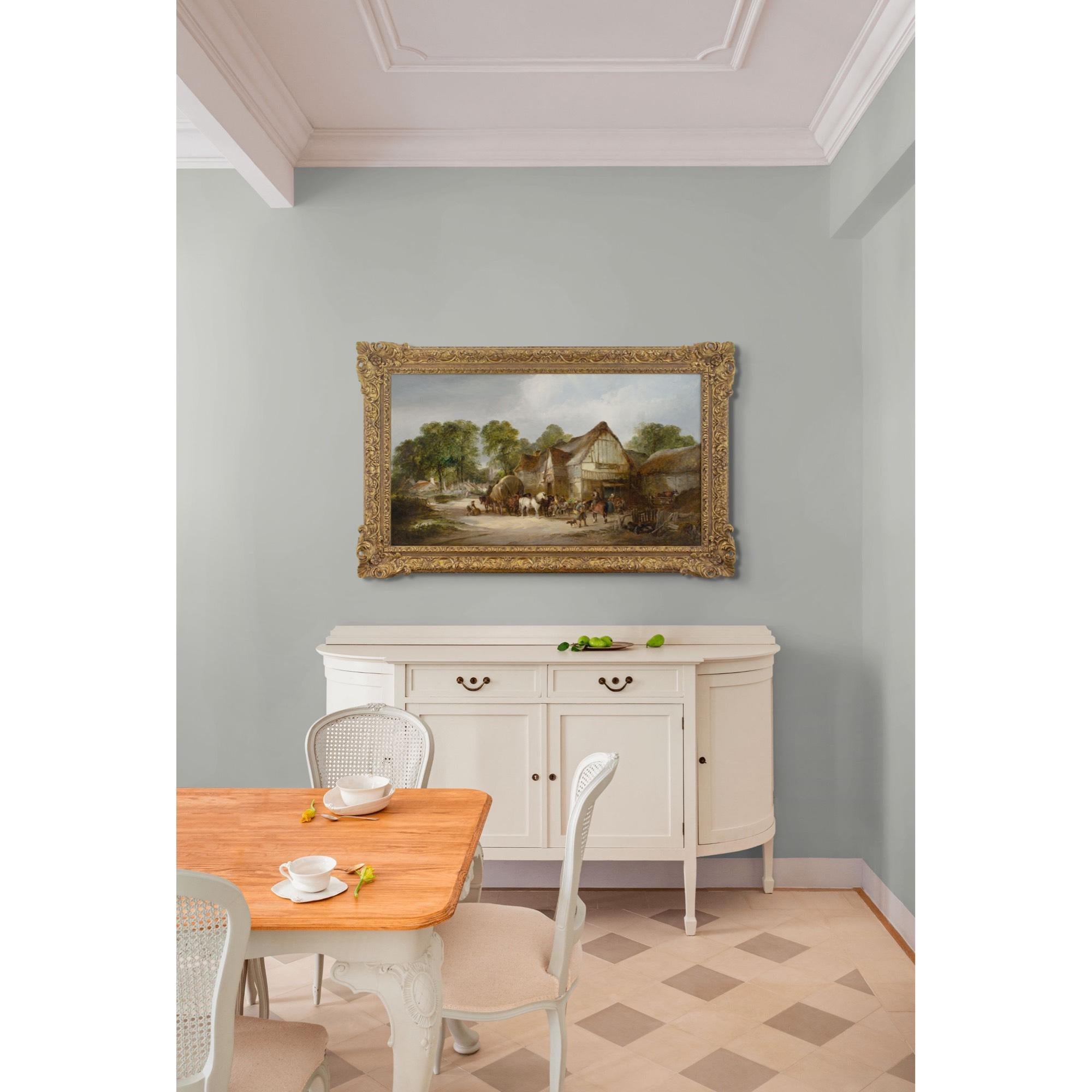 Questo splendido dipinto a olio della metà del XIX secolo degli artisti inglesi William Shayer (1787-1879) e Edward Charles Williams (1807-1881) raffigura un assortimento di viaggiatori all'esterno di una locanda lungo la strada. È un ottimo esempio