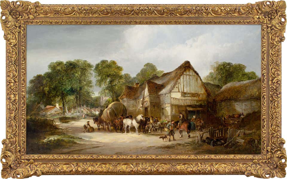 Mid-19th-Century Oil Painting, River Landscape With Thatched Cottage ...