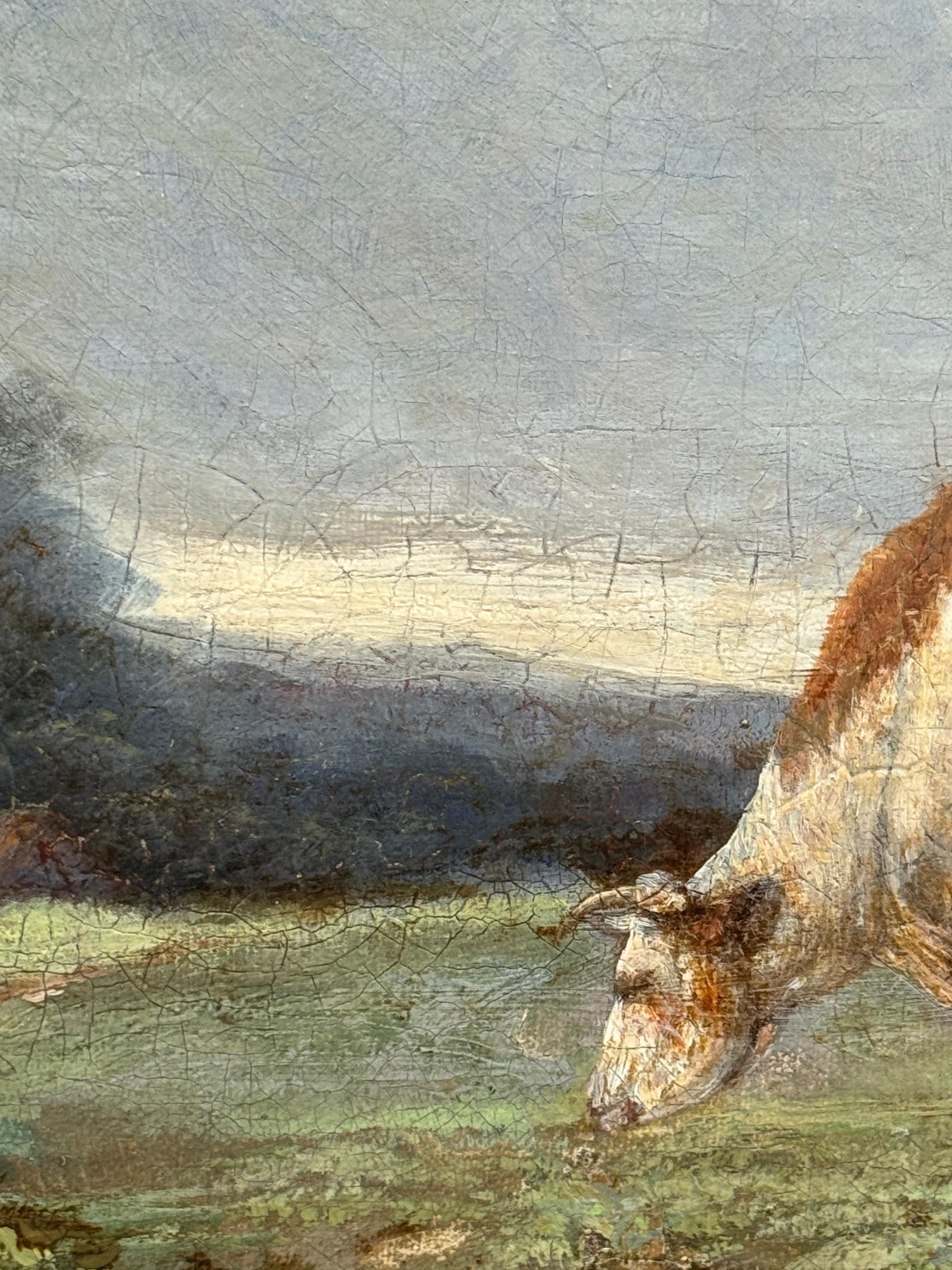 Englische Landschaft des 19. Jahrhunderts mit Rindern, Schafen und einem ruhenden Eichenbaum mit Cottage im Angebot 8