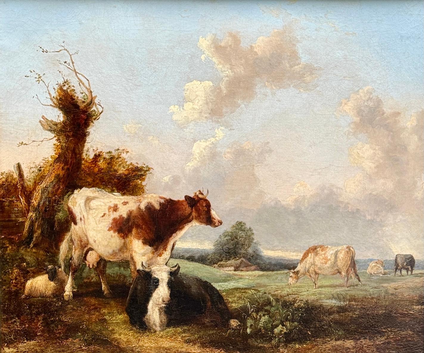 Englische Landschaft des 19. Jahrhunderts mit Rindern, Schafen und einem ruhenden Eichenbaum mit Cottage – Painting von William Shayer and Henry Britian Willis