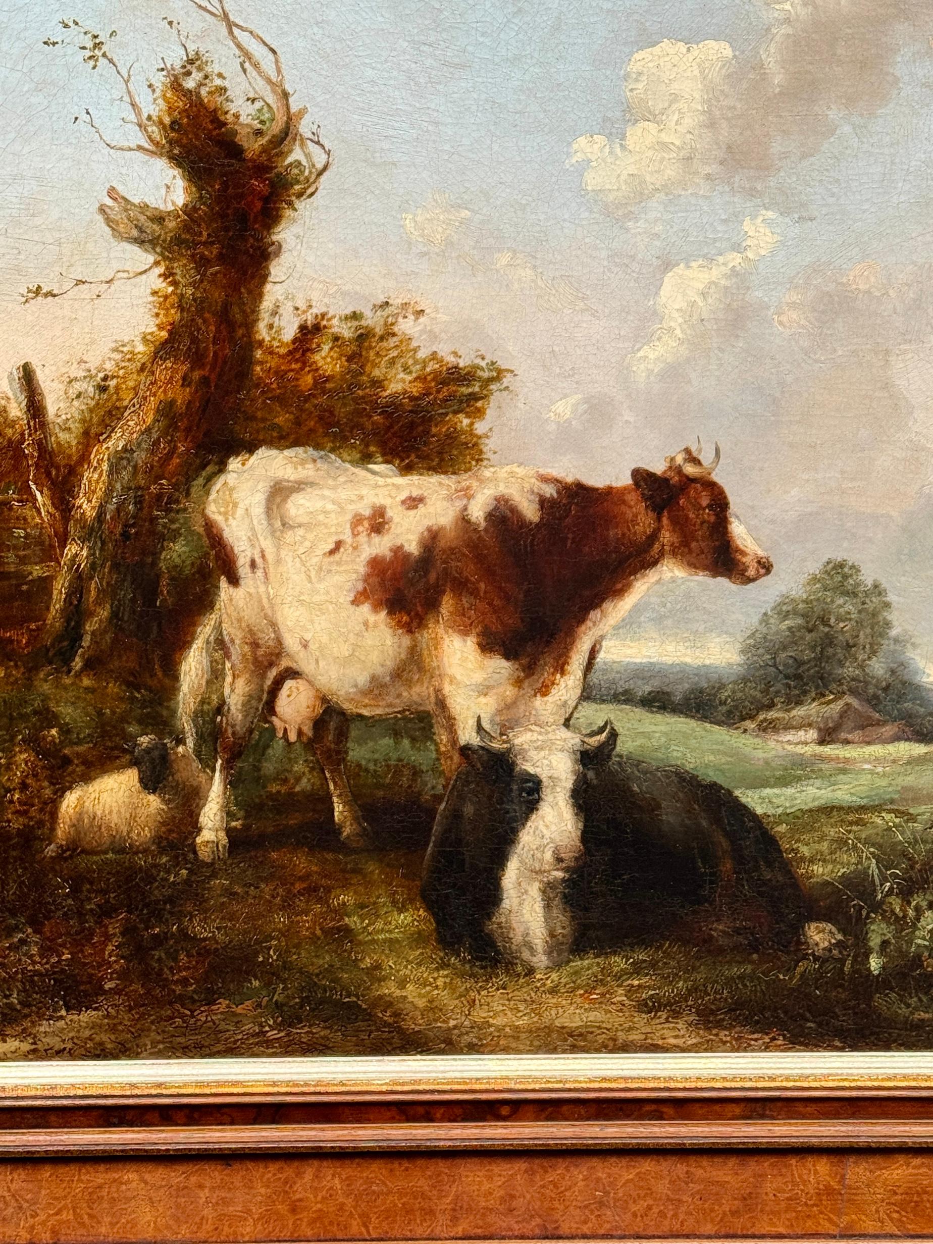 Englische Landschaft des 19. Jahrhunderts mit Rindern, Schafen und einem ruhenden Eichenbaum mit Cottage (Viktorianisch), Painting, von William Shayer and Henry Britian Willis