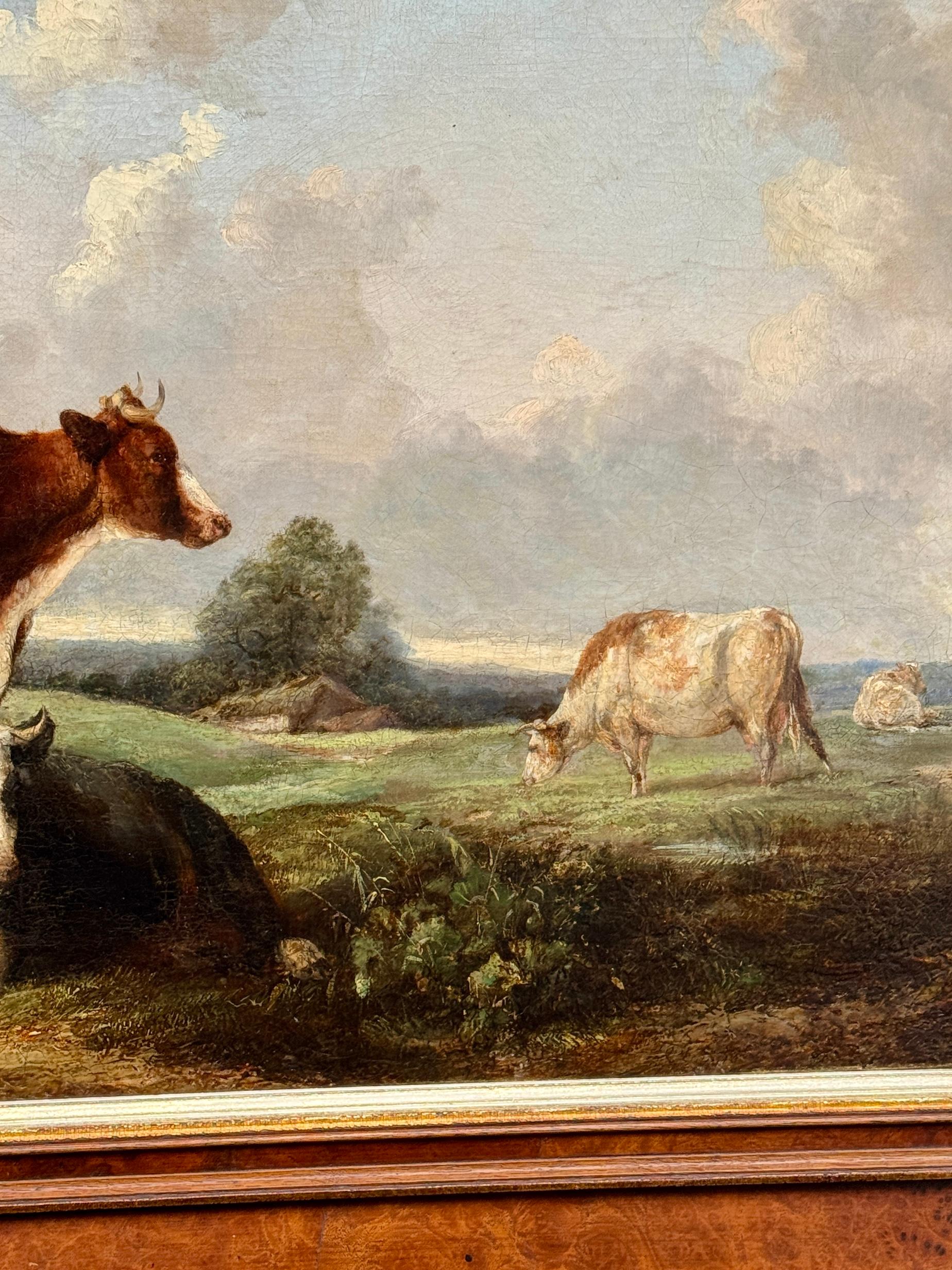 Englische Landschaft des 19. Jahrhunderts mit Rindern, Schafen und einem ruhenden Eichenbaum mit Cottage (Braun), Landscape Painting, von William Shayer and Henry Britian Willis