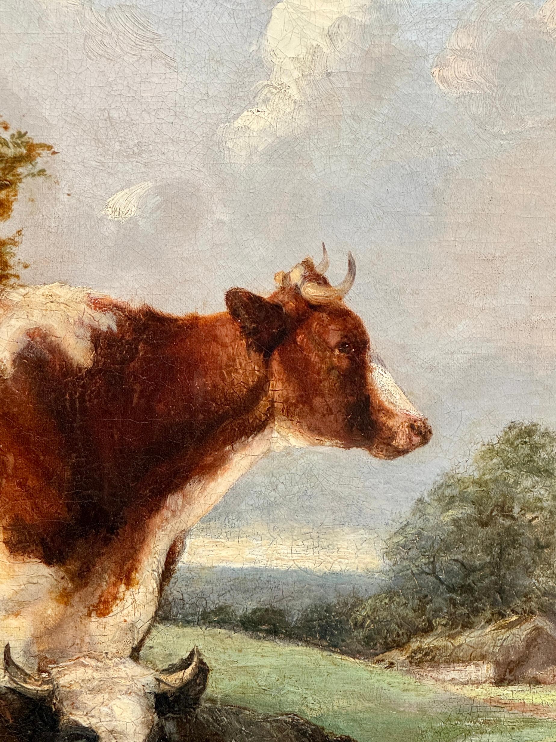 Englische Landschaft des 19. Jahrhunderts mit Rindern, Schafen und einem ruhenden Eichenbaum mit Cottage im Angebot 2