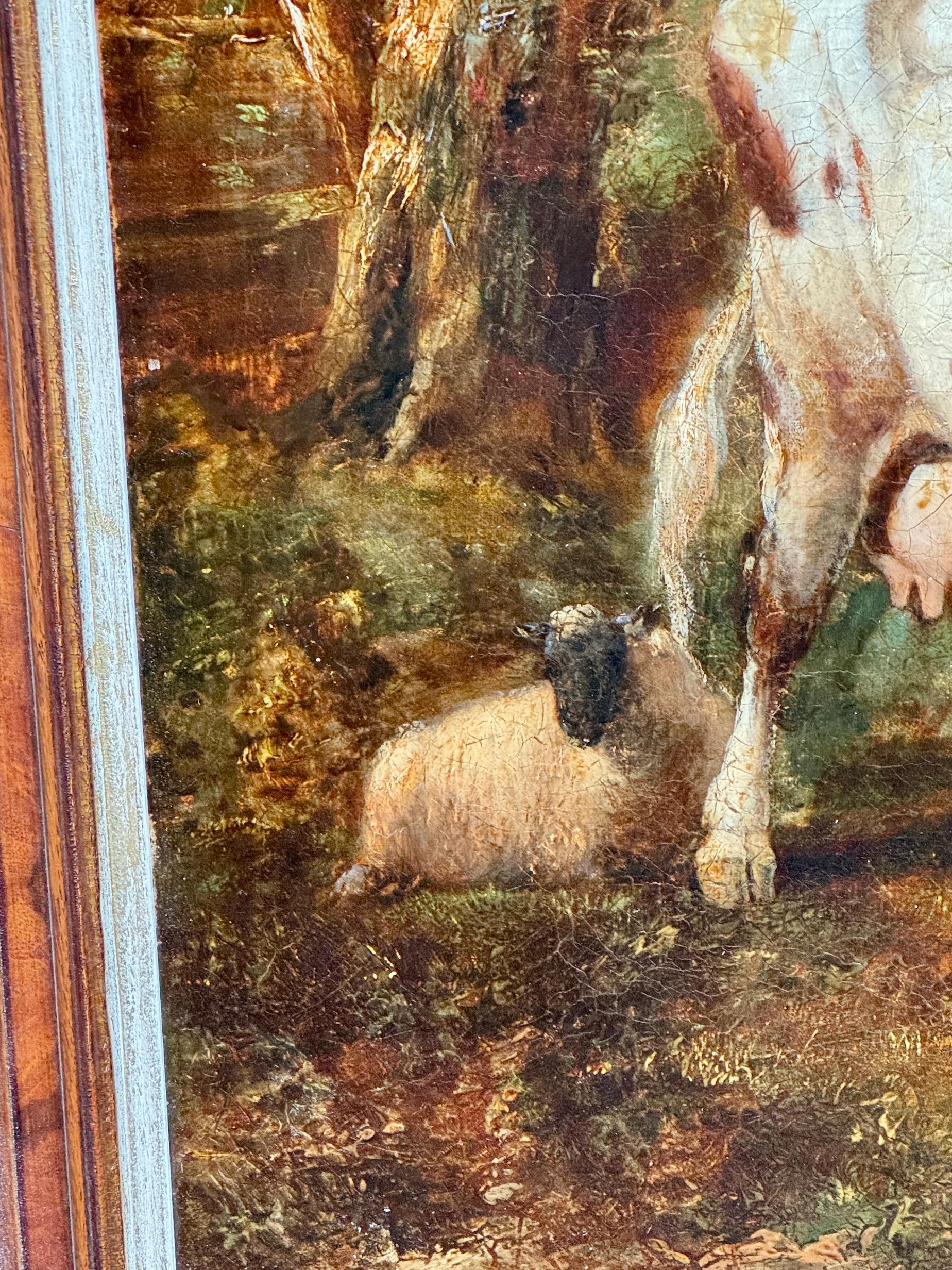 Englische Landschaft des 19. Jahrhunderts mit Rindern, Schafen und einem ruhenden Eichenbaum mit Cottage im Angebot 4