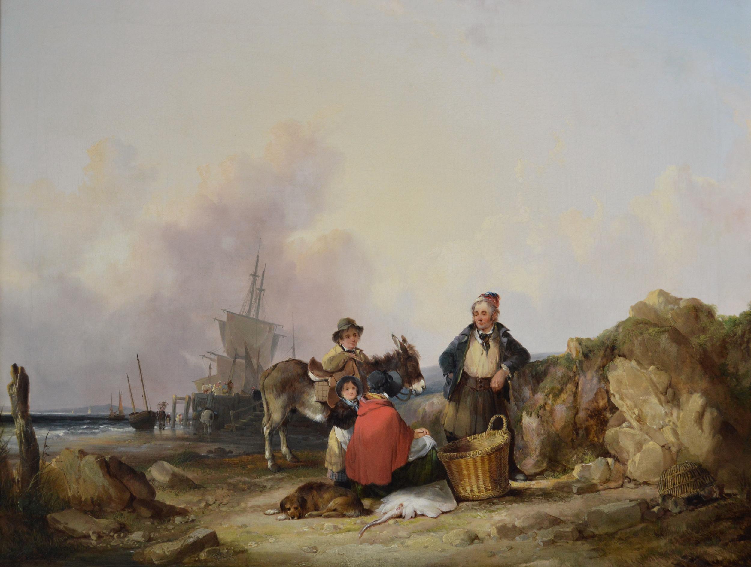 Peinture à l'huile de genre du 19e siècle représentant des pêcheurs sur une plage  - Painting de William Shayer Senior