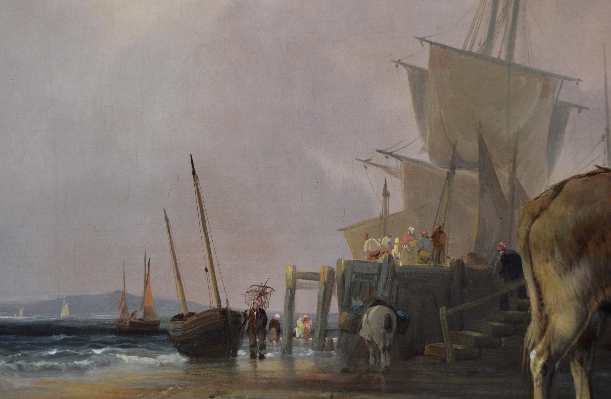 Peinture à l'huile de genre du 19e siècle représentant des pêcheurs sur une plage  - Marron Landscape Painting par William Shayer Senior