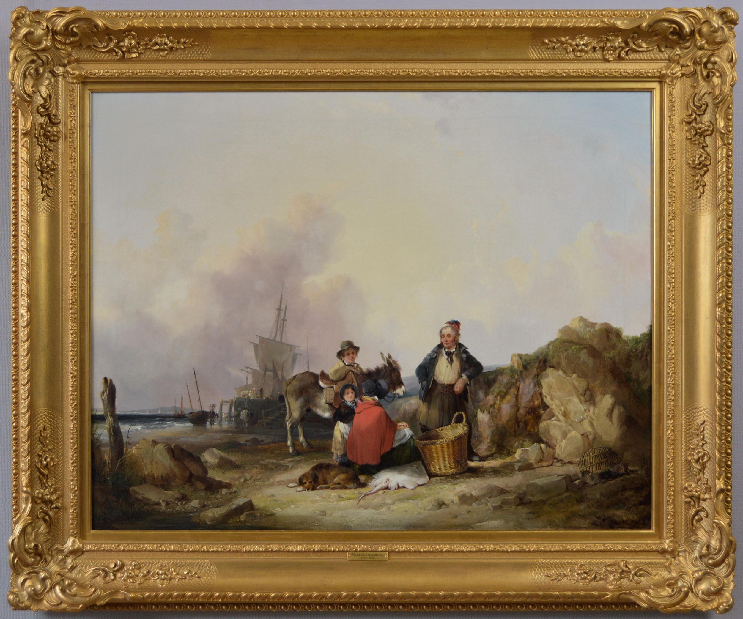19th Century genre oil painting of fisher folk on a beach 