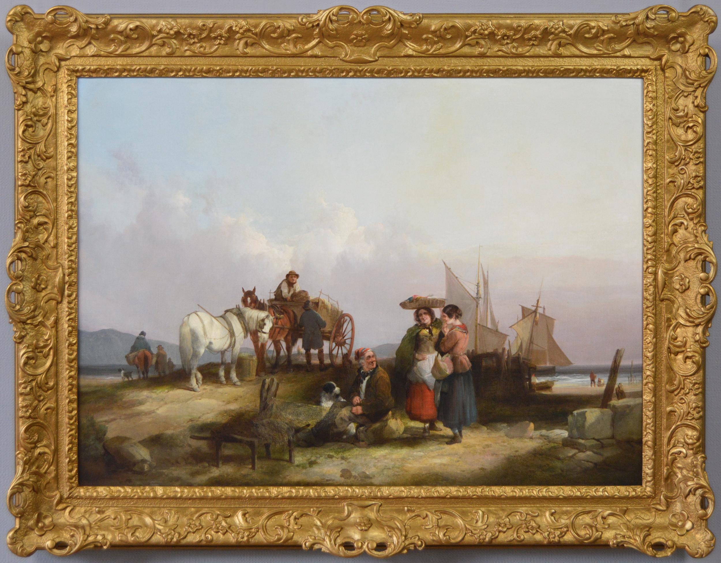 19th Century genre seascape oil painting of figures on a beach