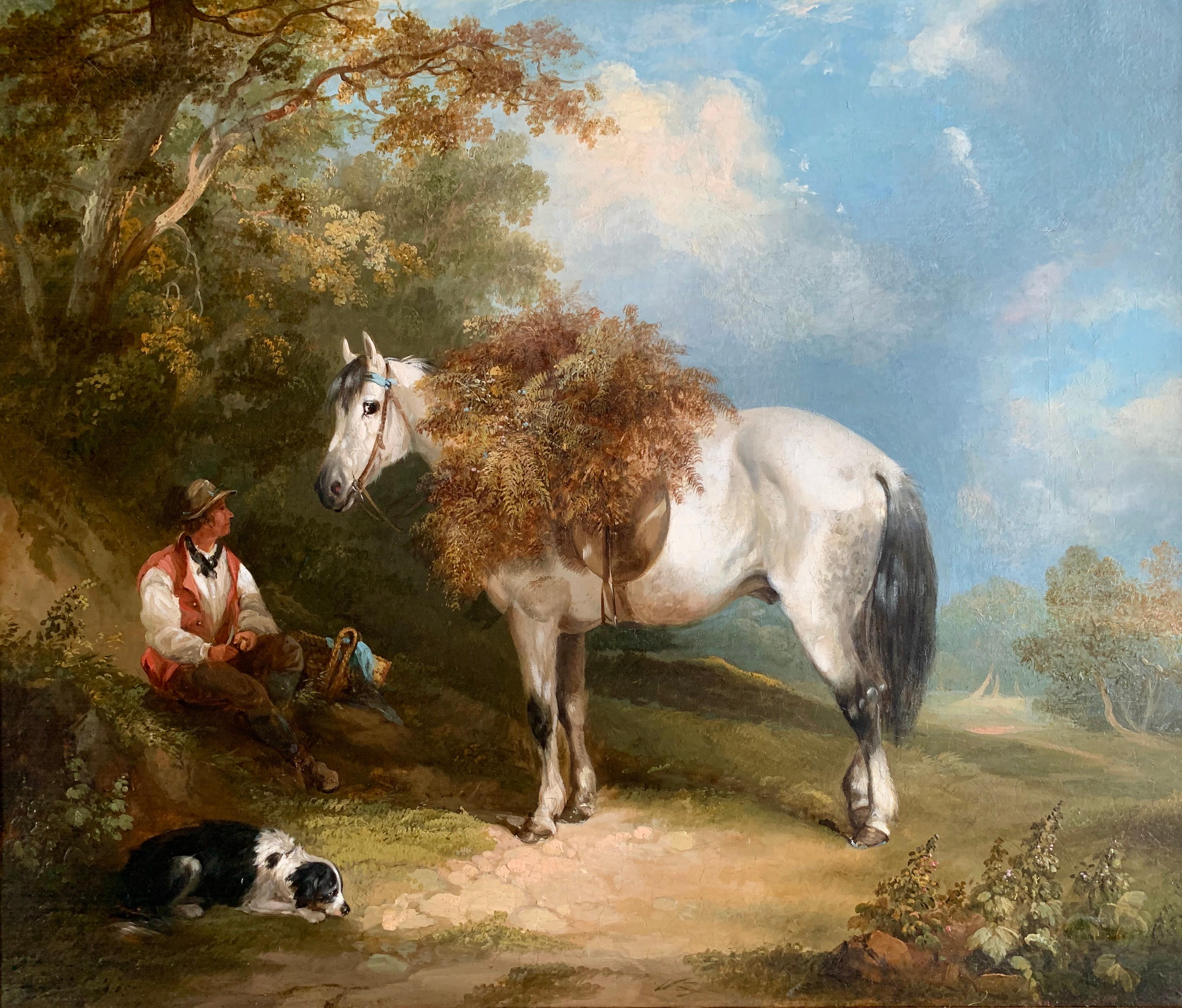 William Shayer Senior Animal Painting - 19th Century Horse and Dog Oil  'The Fern Gatherer'