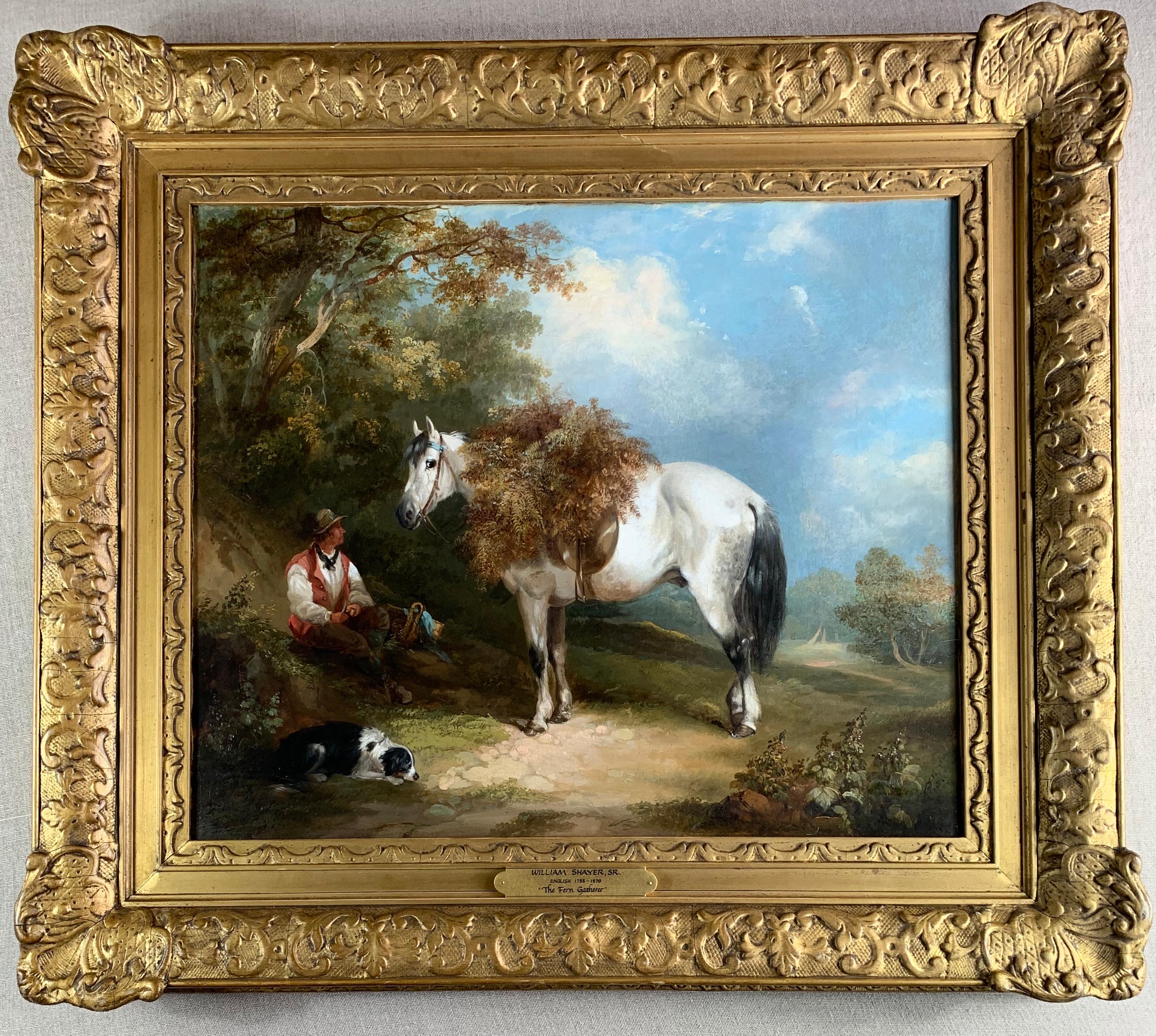 William Shayer Senior Portrait Painting - 19th Century Horse and Dog Oil  'The Fern Gatherer'