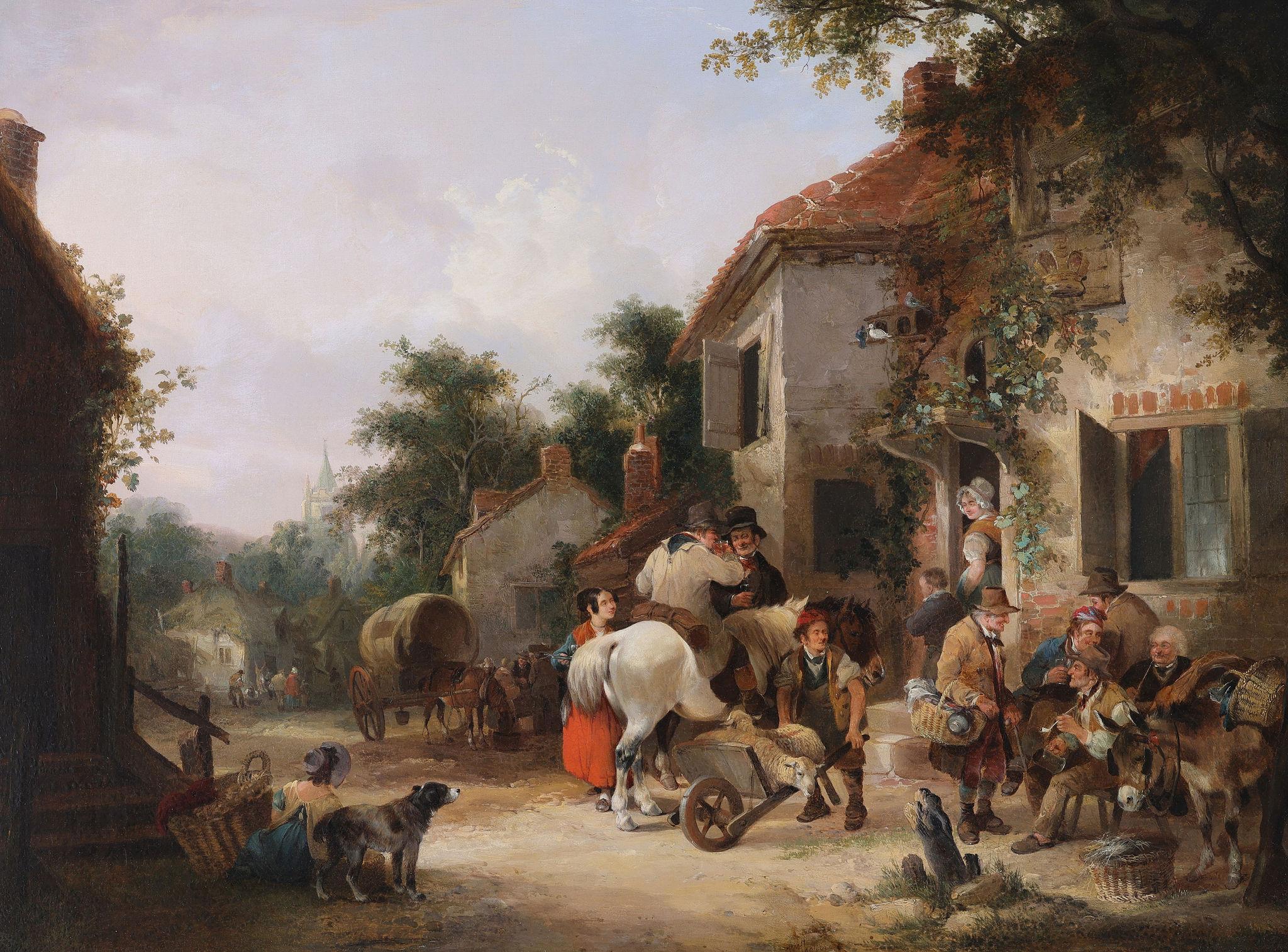 A Bustling Town Scene - Painting by William Shayer Senior