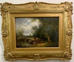 English 19th century Antique landscape with cows crossing a bridge over a river