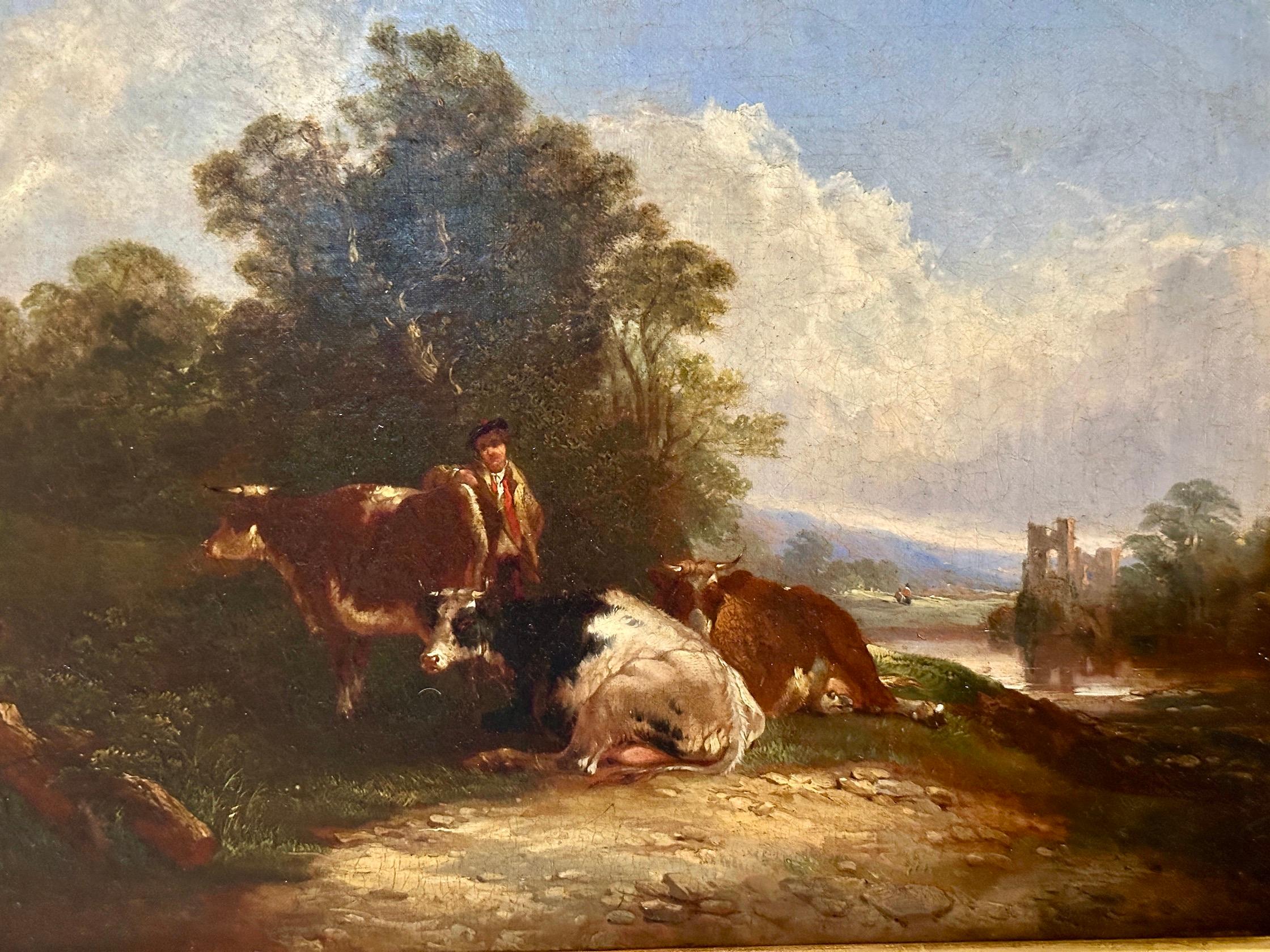 English 19th century Antique landscape with horses and farmer by a Cottage - Victorian Painting by William Shayer Senior