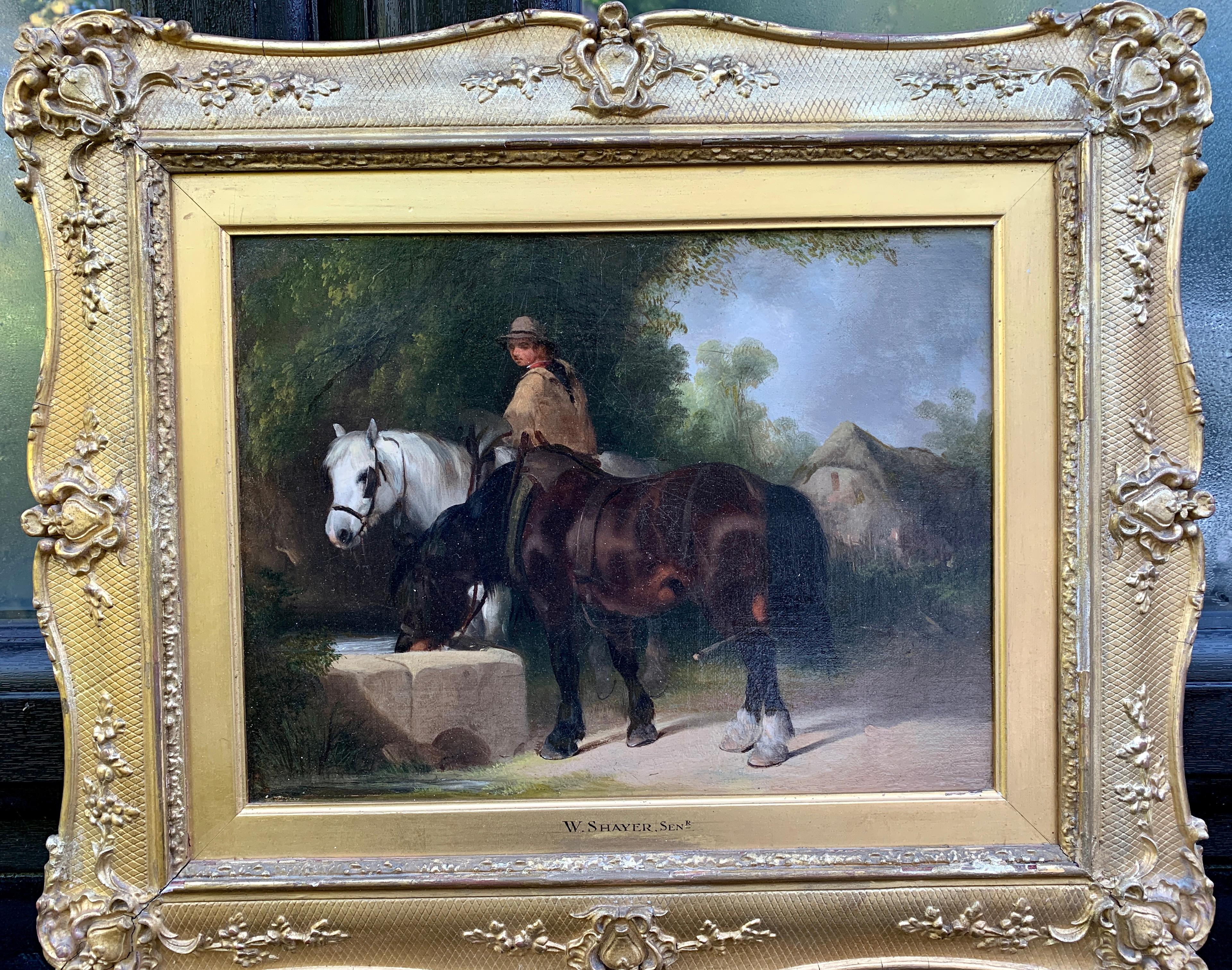 William Shayer Senior Figurative Painting - English 19th century Antique landscape with horses and farmer by a Cottage
