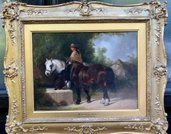 English 19th century Antique landscape with horses and farmer by a Cottage