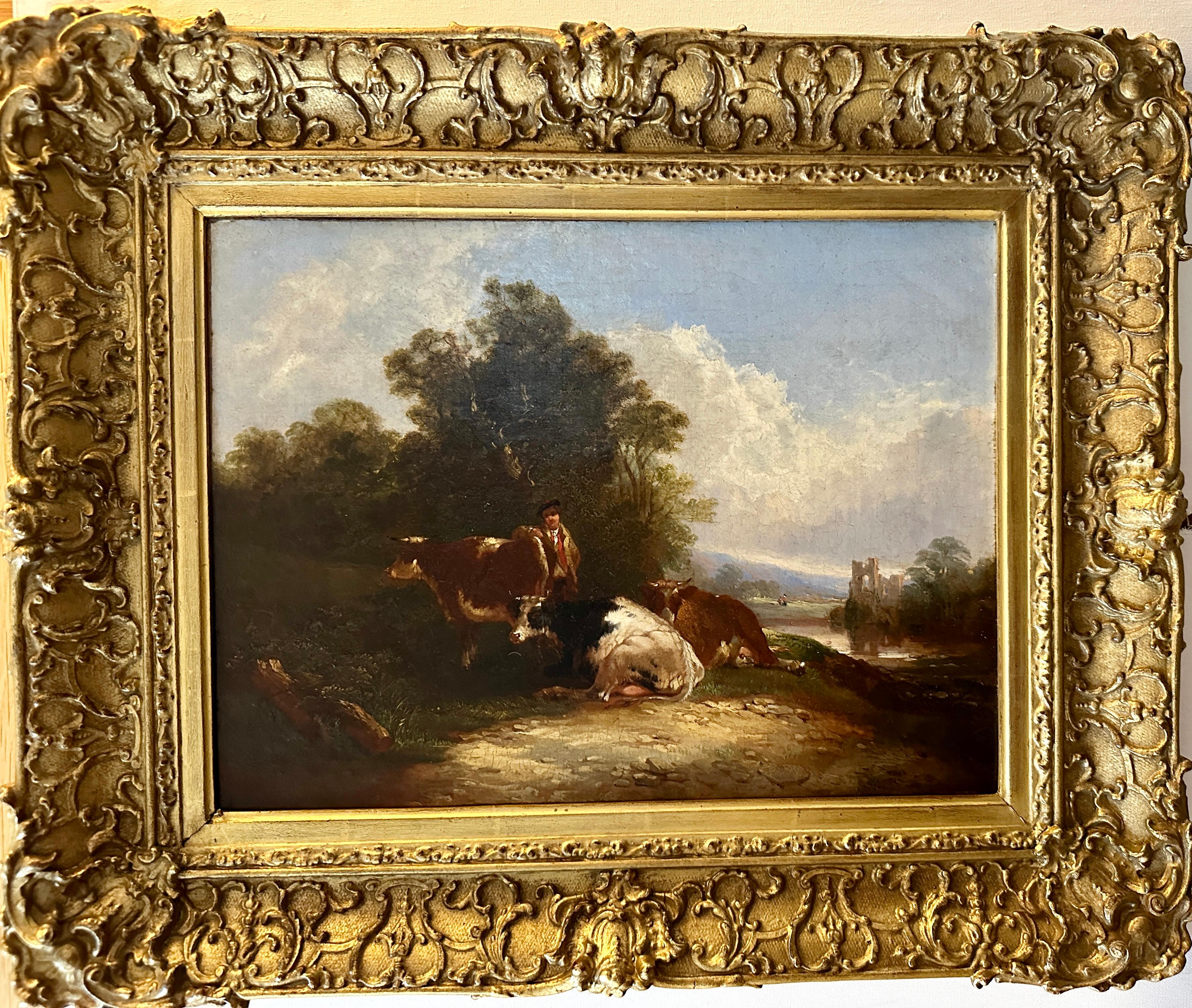 William Shayer Senior Landscape Painting - English 19th century Antique landscape with horses and farmer by a Cottage