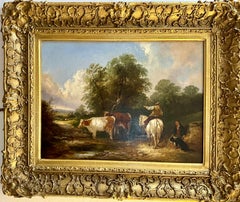 Paysage anglais ancien du 19ème siècle avec chevaux et fermier par un chalet