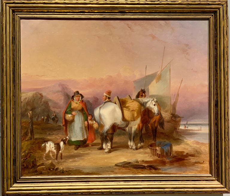 William Shayer Senior Figurative Painting - English early Victorian period, Figures on a beach with horses, dogs, people 