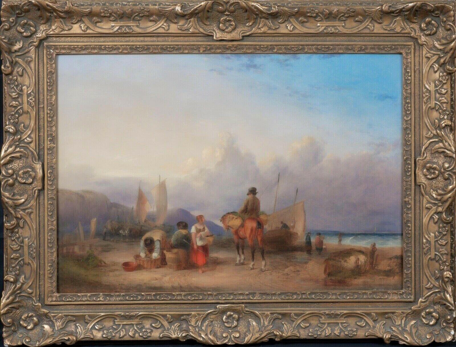 Fisherfolk On The Beach,  19th Century  - Painting by William Shayer Senior
