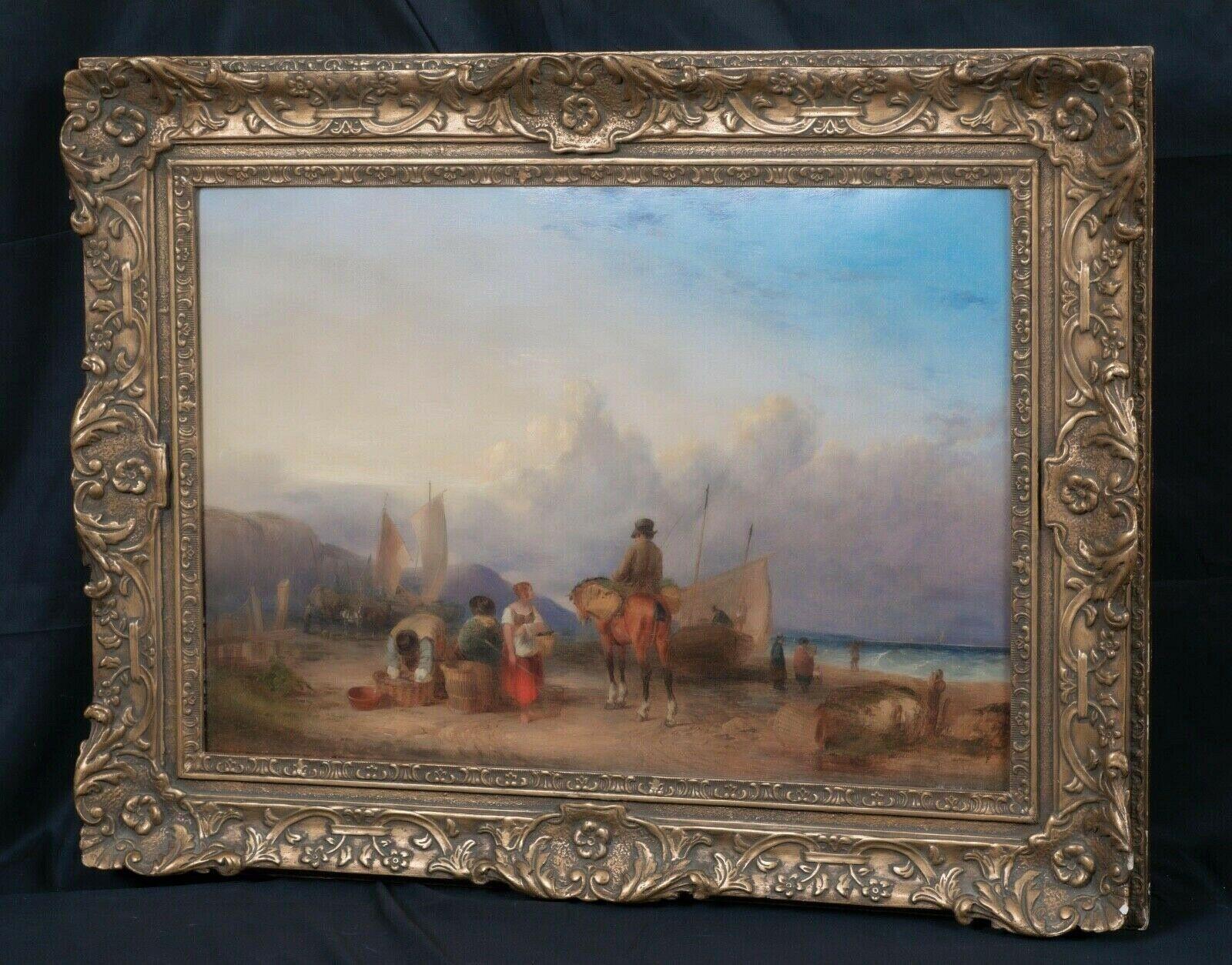 Fisherfolk On The Beach ( Fisherfolk On The Beach)  XIXe siècle  - Gris Portrait Painting par William Shayer Senior