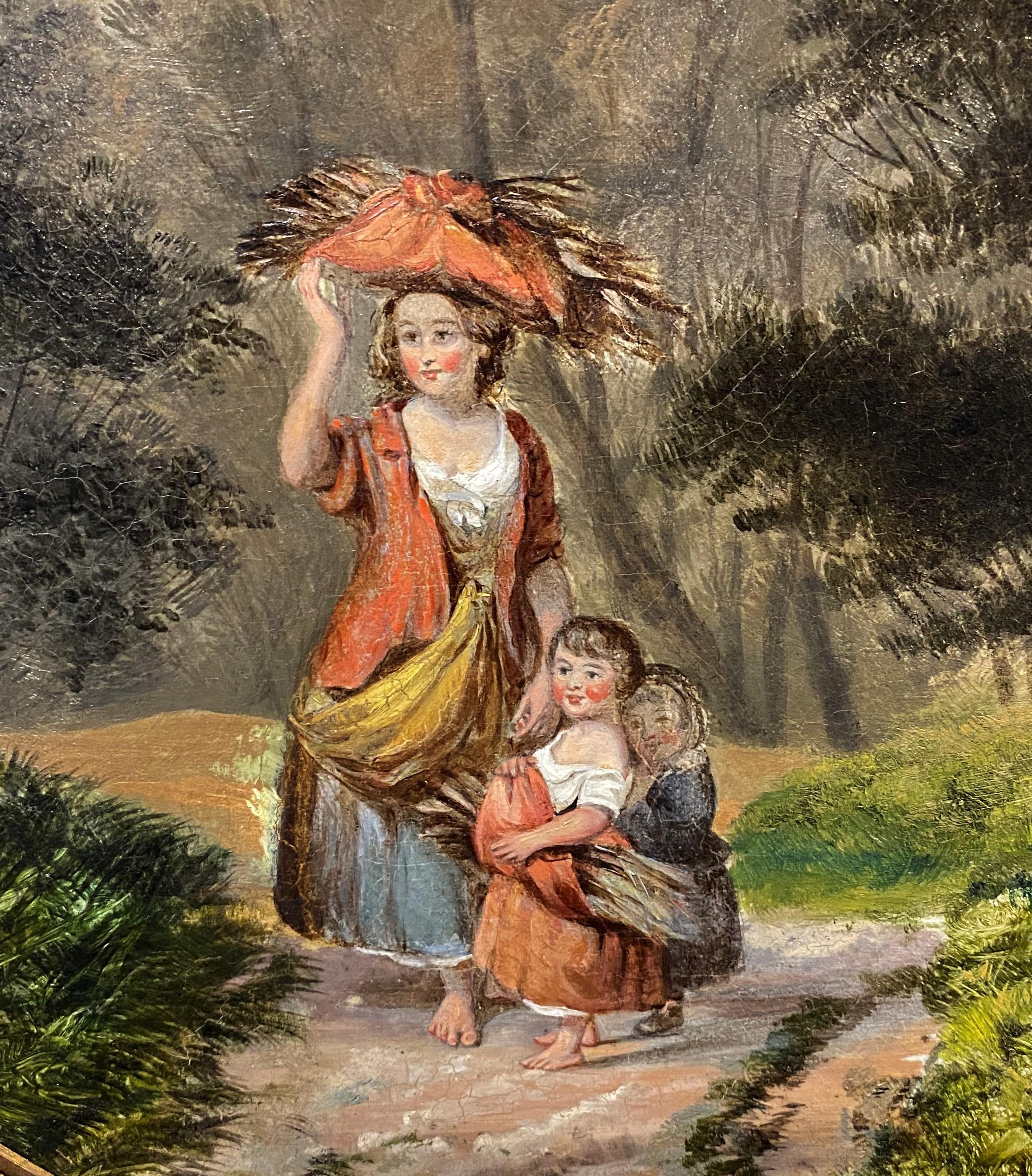 A fine oil painting of a mother and her children gathering kindling on a country road, with artist placard lower center “Wm Shayer, 1788-1879,” most likely painted by a follower or pupil of the artist. Shayer was born in Southampton, England and was