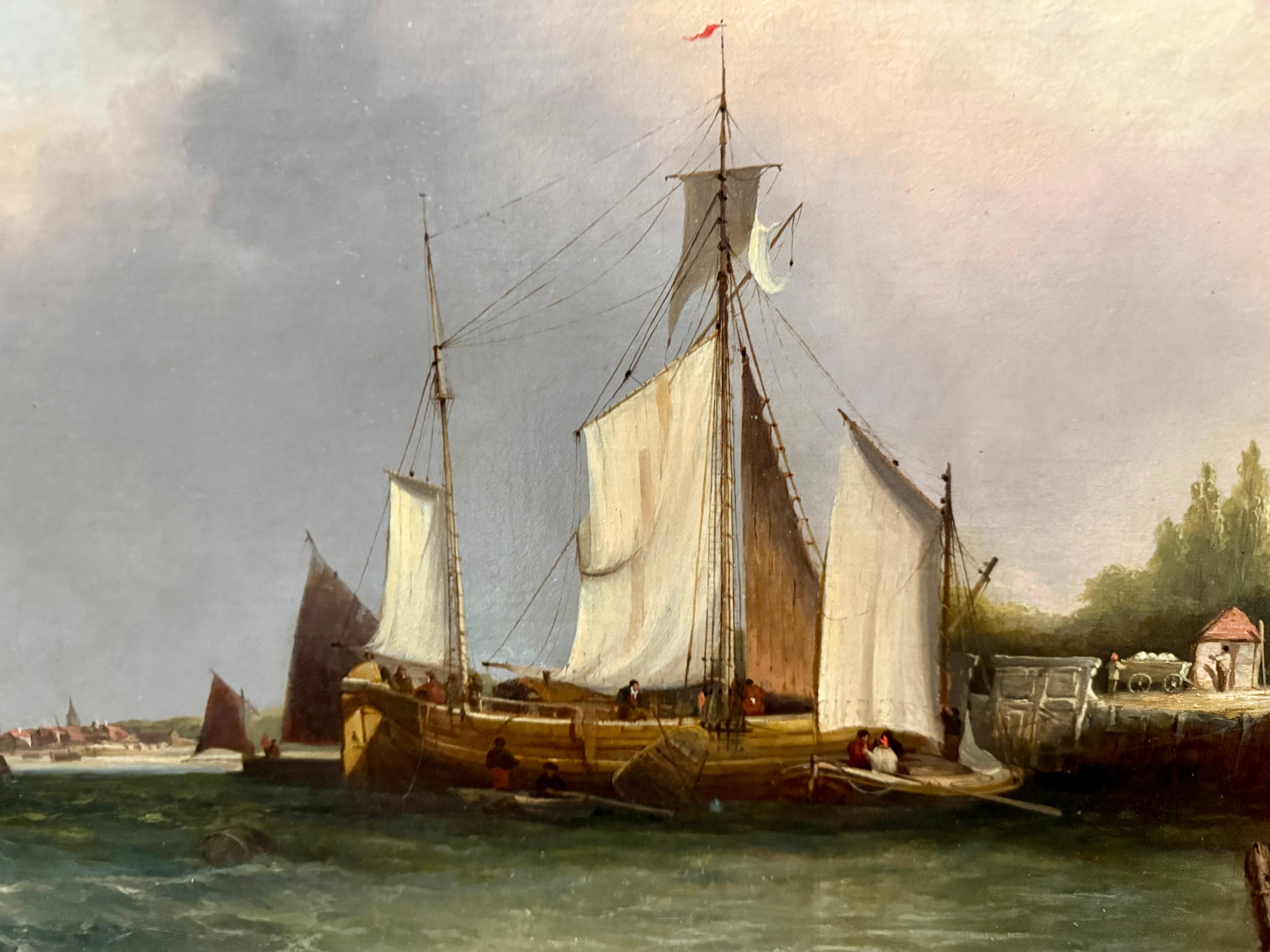 Sailboats on a Calm Sea, Sky and Harbor 19th century - Painting by William Shayer Senior