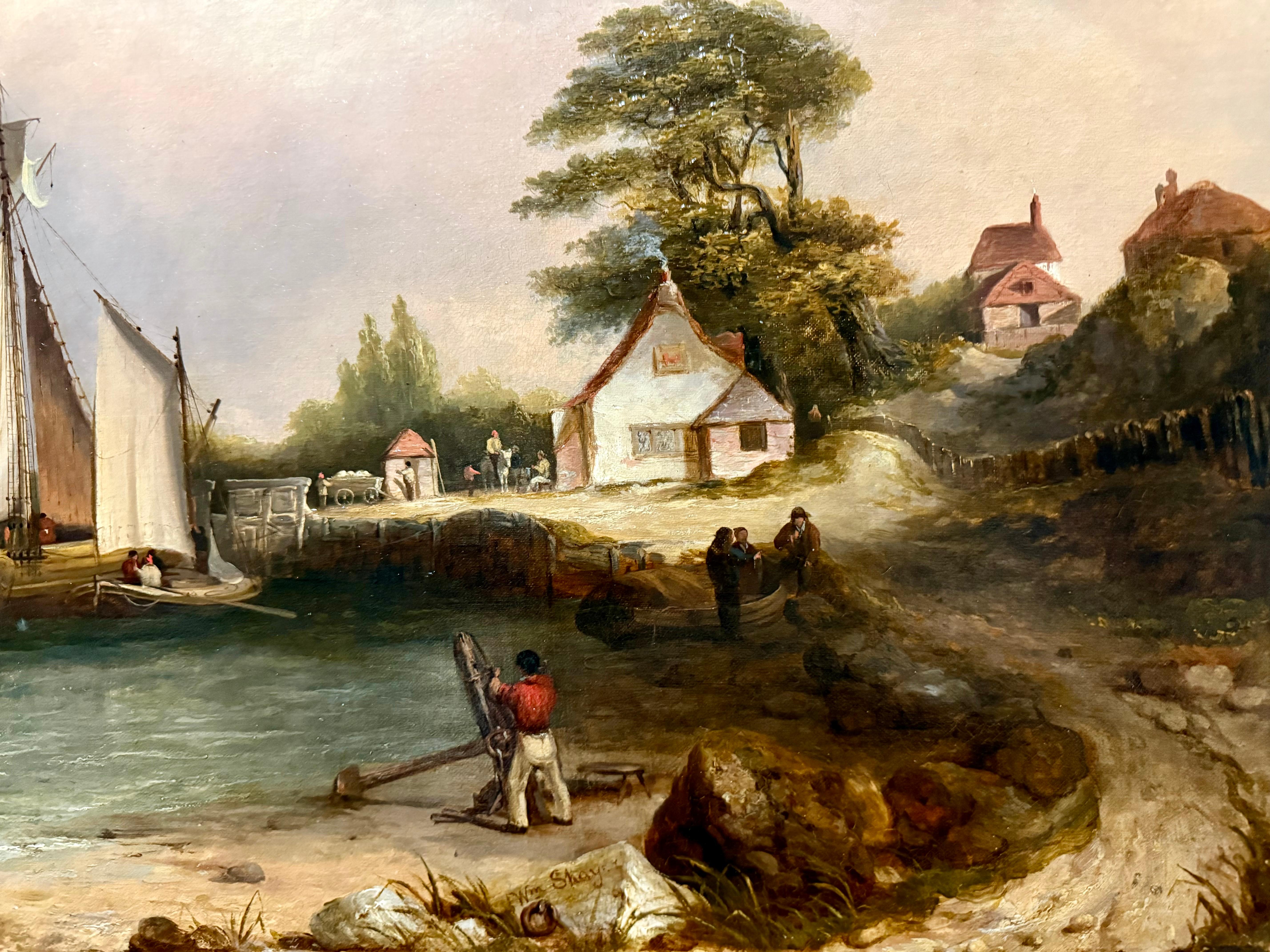 Sailboats on a Calm Sea, Sky and Harbor 19th century - Naturalistic Painting by William Shayer Senior
