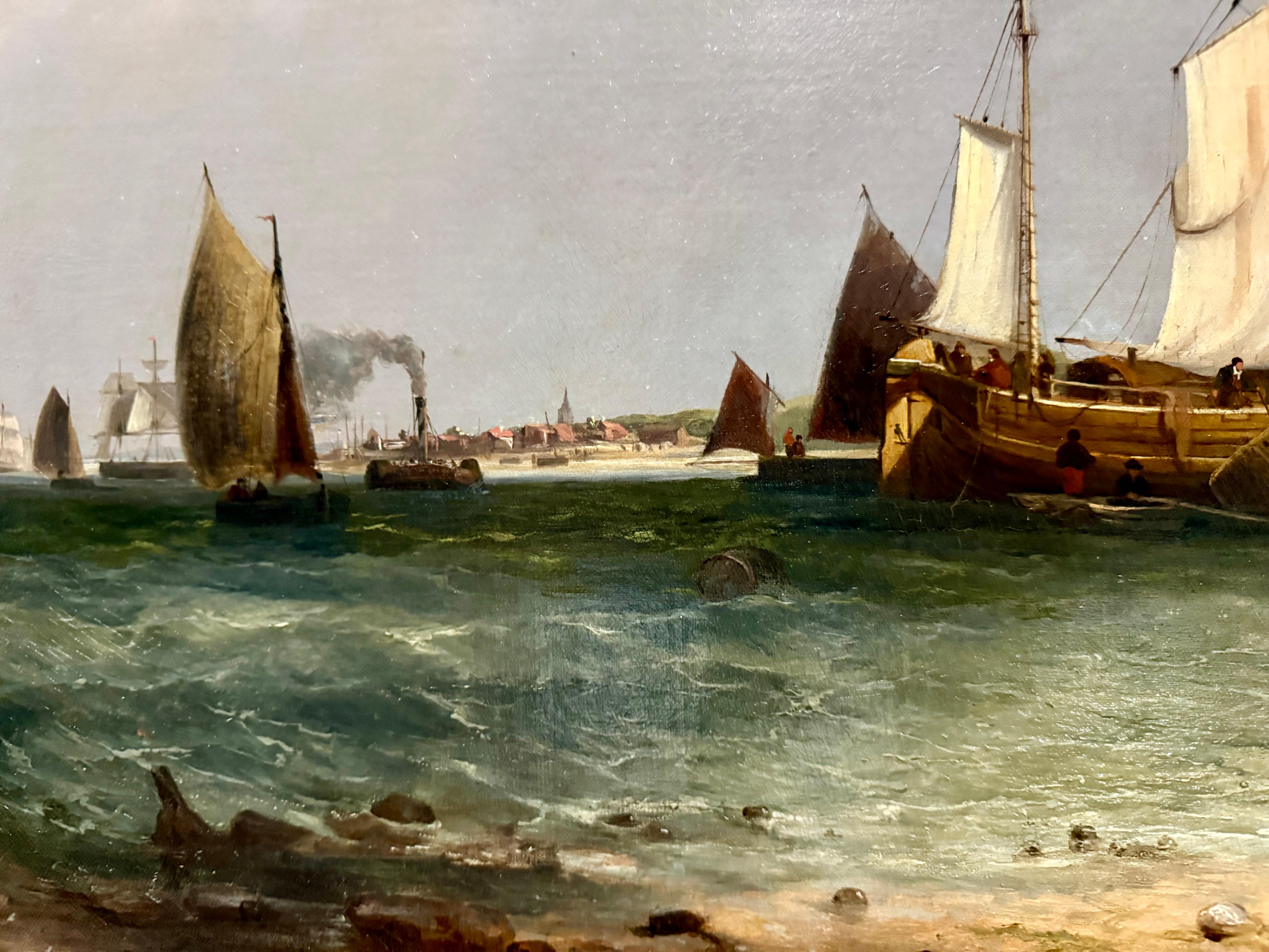 Sailboats on a Calm Sea, Sky and Harbor 19th century - Beige Landscape Painting by William Shayer Senior