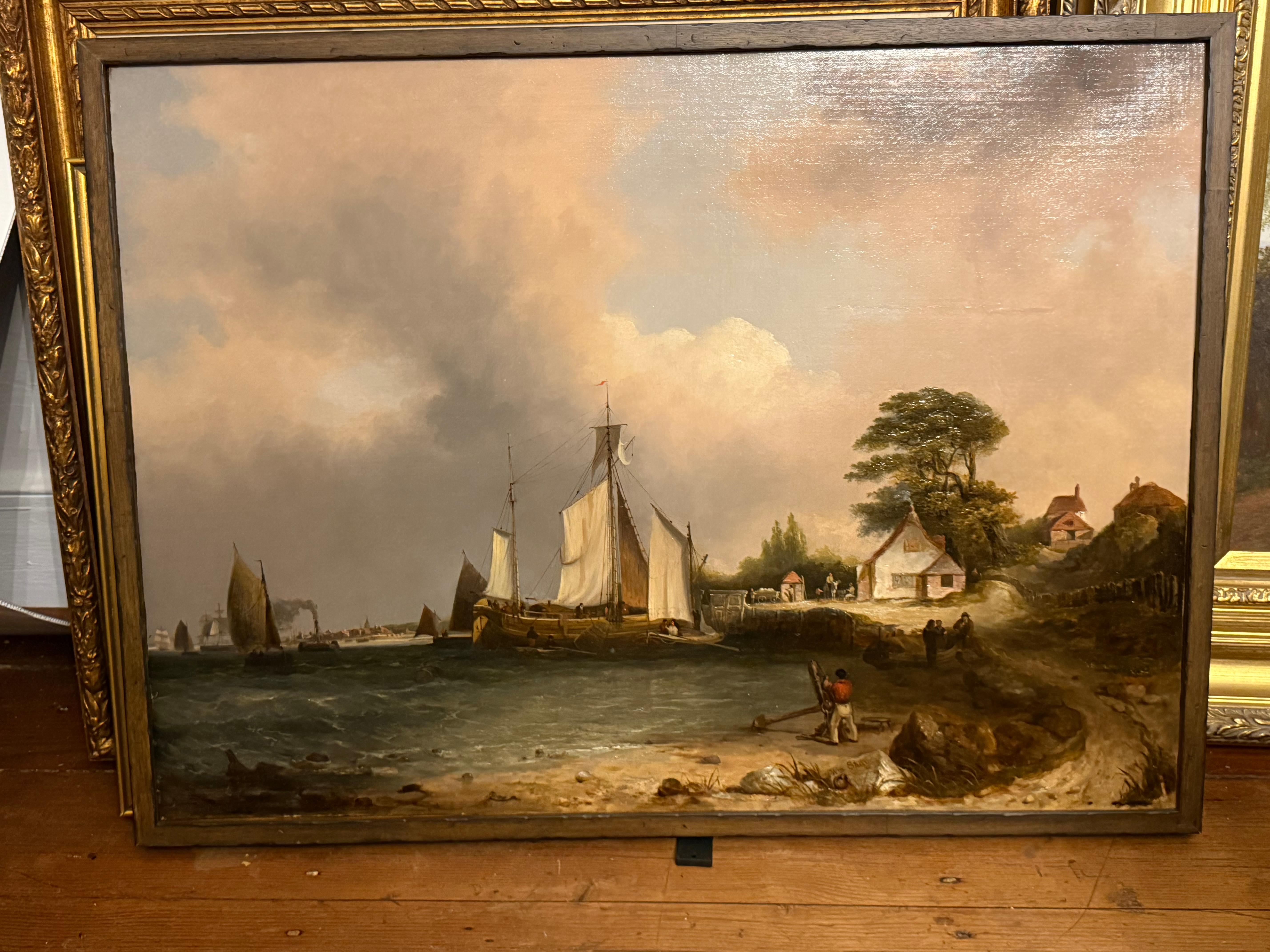 Veleros en un mar en calma, cielo y puerto siglo XIX en venta 2
