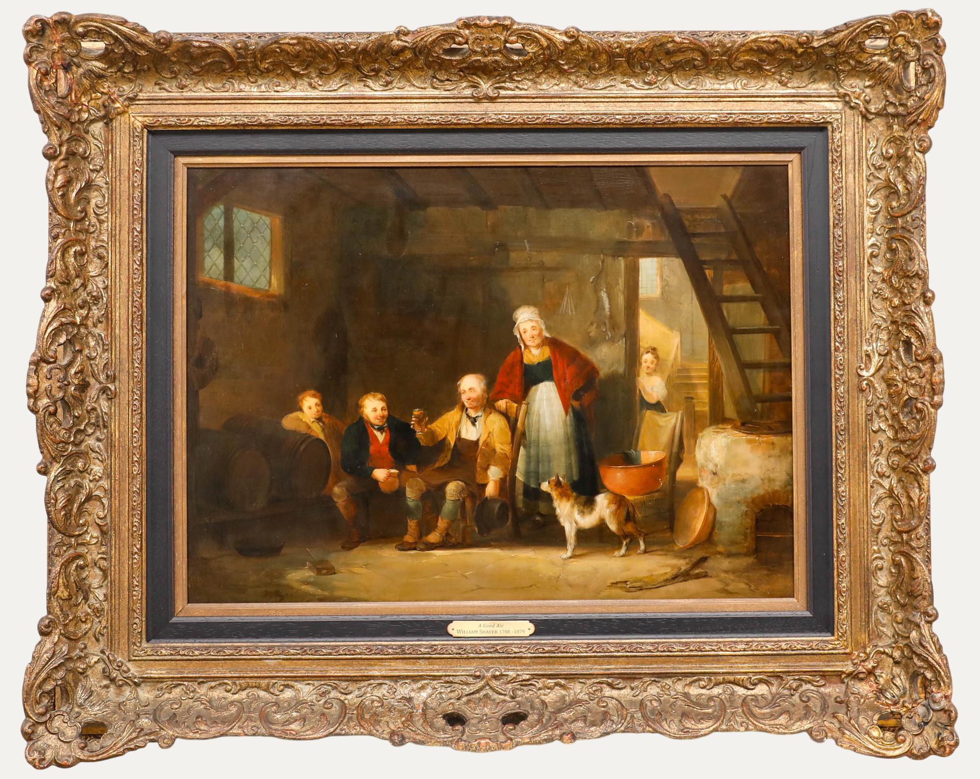 A very fine example of the work of William Shayer Senior (1787-1879). A Good Ale, oil on panel. Signed to the lower left. Well presented in an ornate gilt-effect frame with floral and acanthus ornamentation to the profile. A plaque bearing the