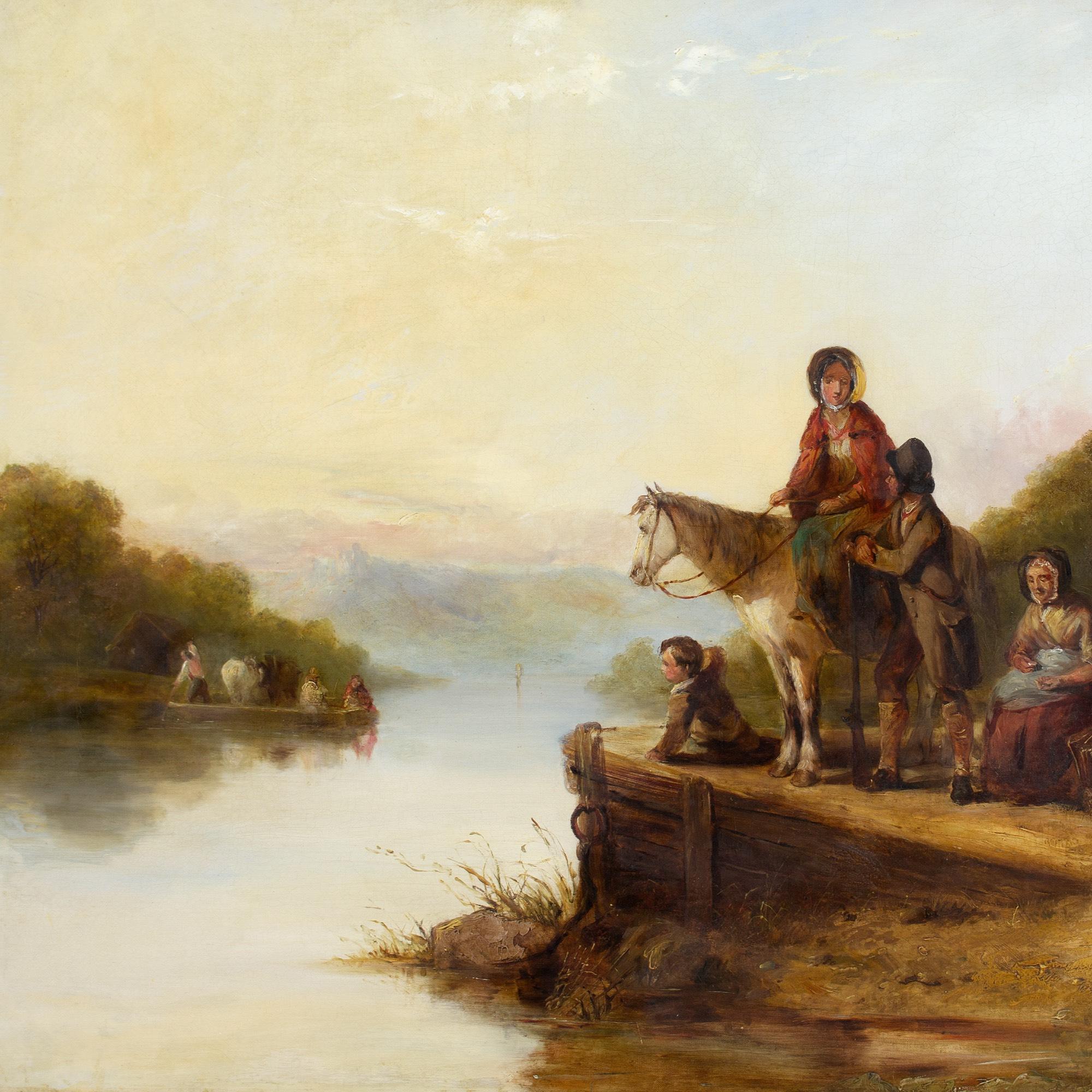 This charming mid-19th-century oil painting by British artist William Shayer (1787-1879) depicts a river landscape with villagers waiting for a ferry. Shayer was an accomplished painter of figures and rural scenes.

Several local characters