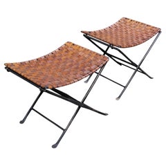 William Sheppee Folding Leather and Iron Stools a Pair