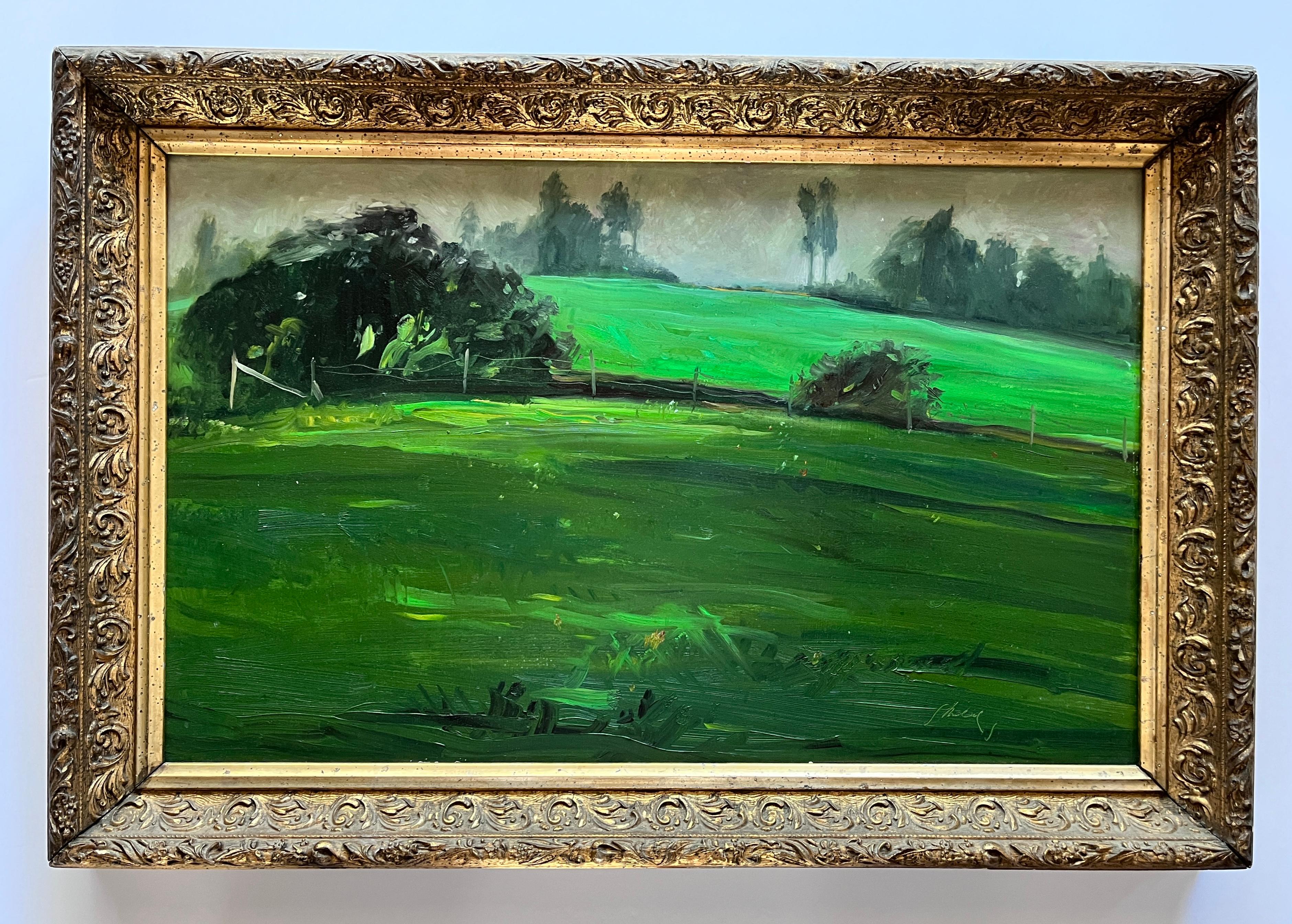 William Shields  Still-Life Painting - "Green Landscape" Realist Oil on Canvas Award Winning Illustrator Bill Shields