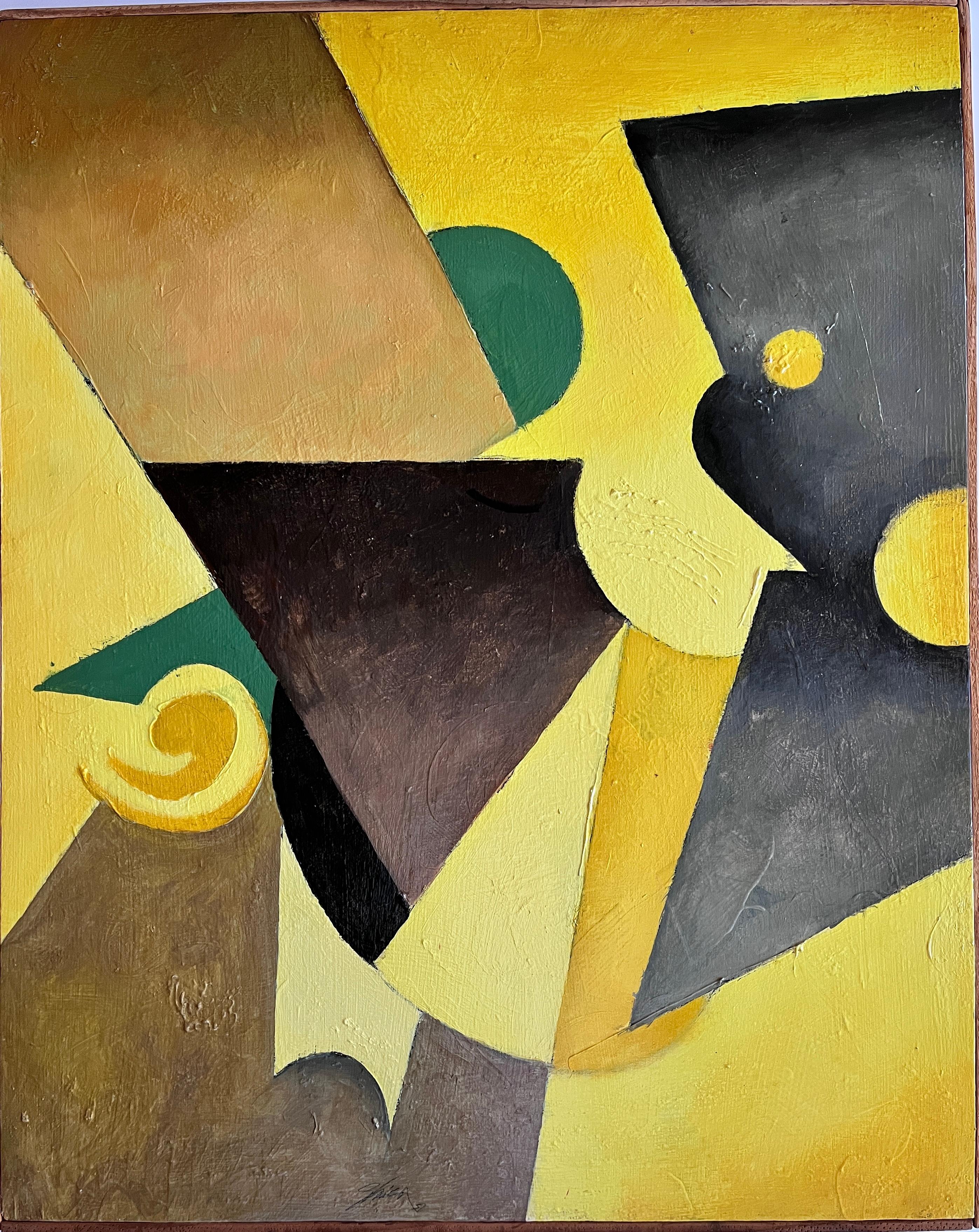 « Yellow Dialogue », huile sur panneau abstraite de l'illustrateur primé Bill Shields - Modernisme américain Painting par William Shields 