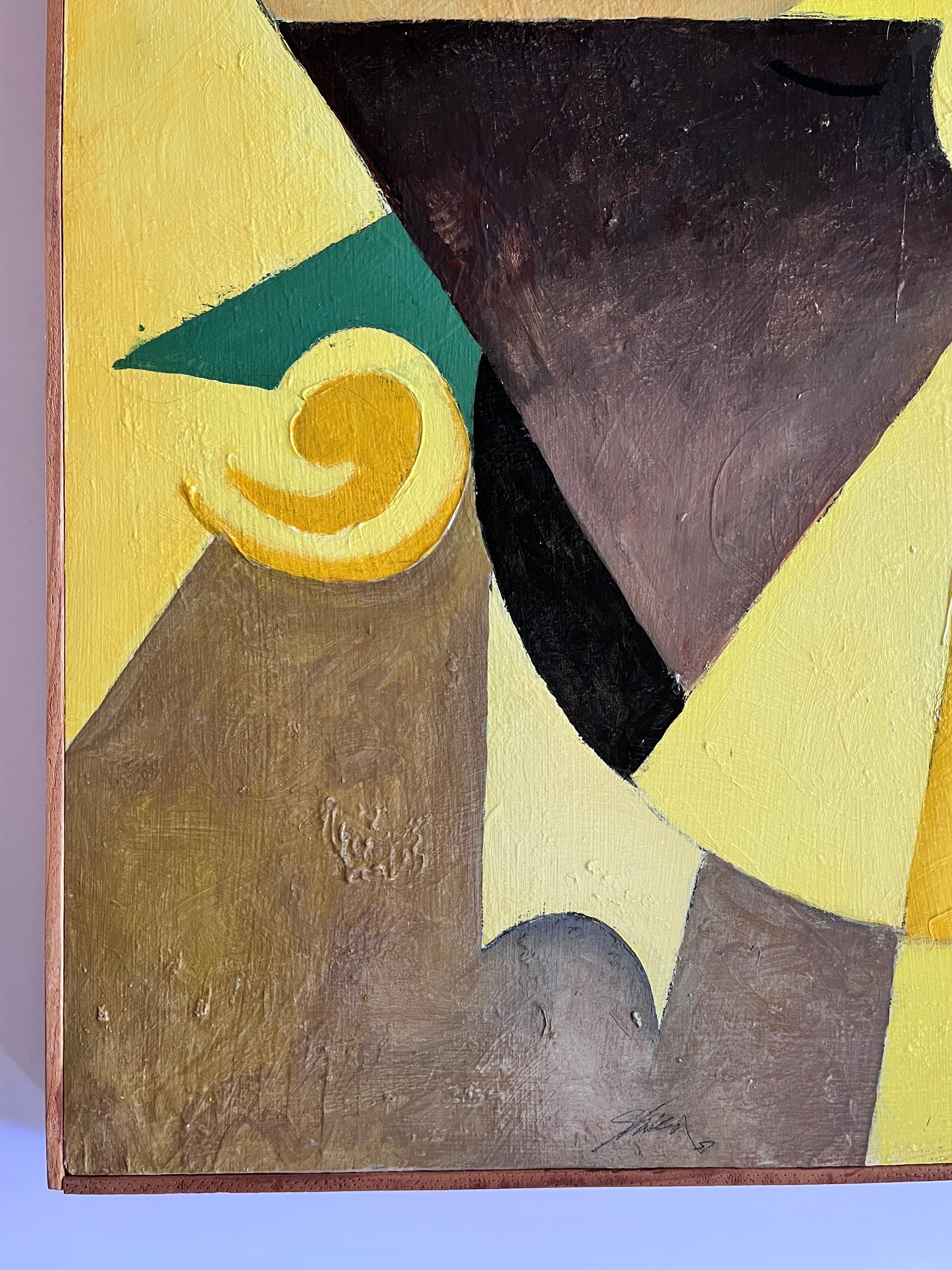 « Yellow Dialogue », huile sur panneau abstraite de l'illustrateur primé Bill Shields - Marron Abstract Painting par William Shields 
