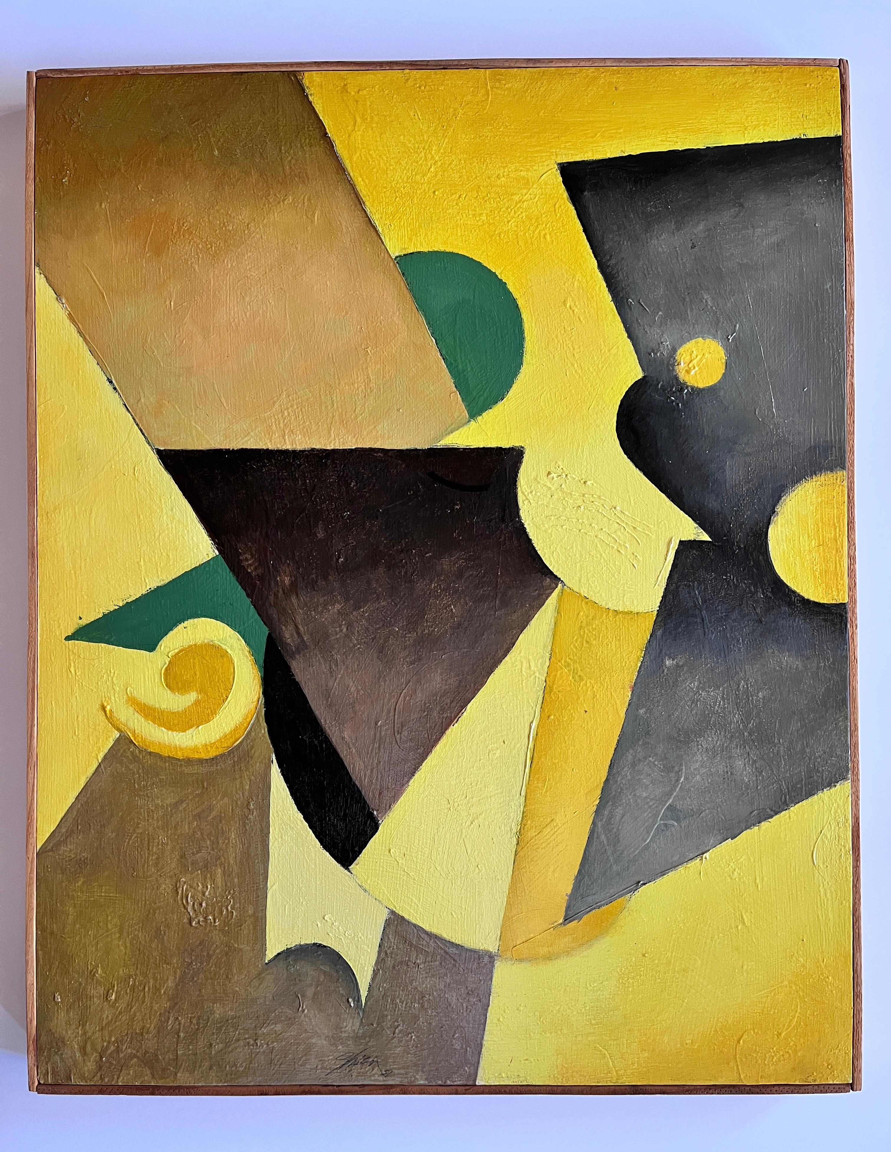 Abstract Painting William Shields  - « Yellow Dialogue », huile sur panneau abstraite de l'illustrateur primé Bill Shields