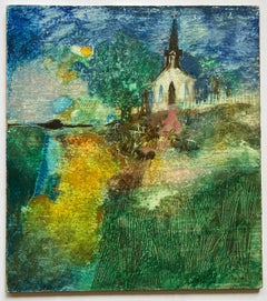 Vintage "Church on a Hill" Acrylic Painting on Board