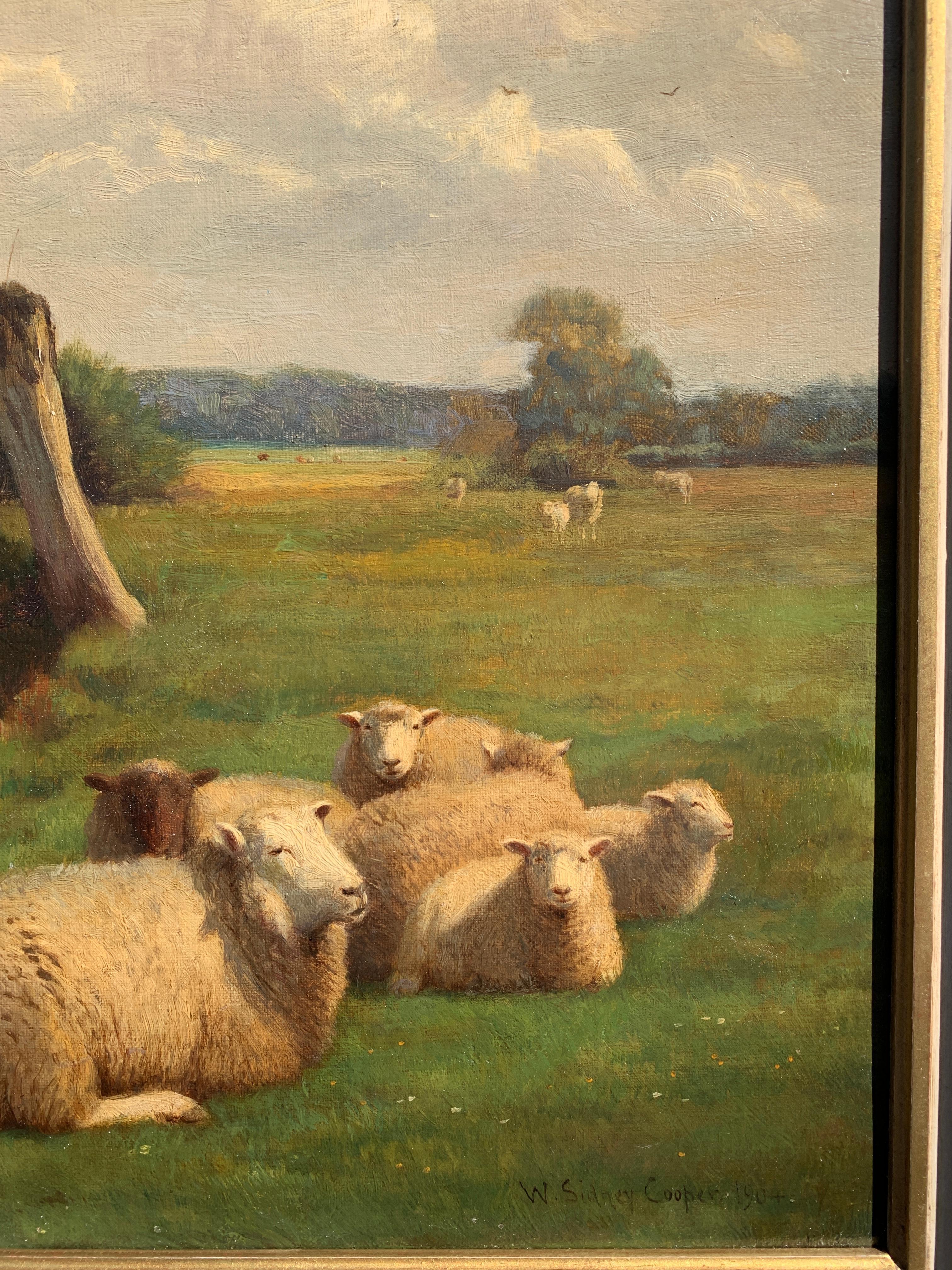 19th century English oil landscape with sheep resting by a willow tree & river - Painting by William Sidney Cooper