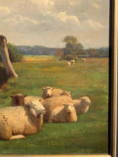 19th century English oil landscape with sheep resting by a willow tree & river