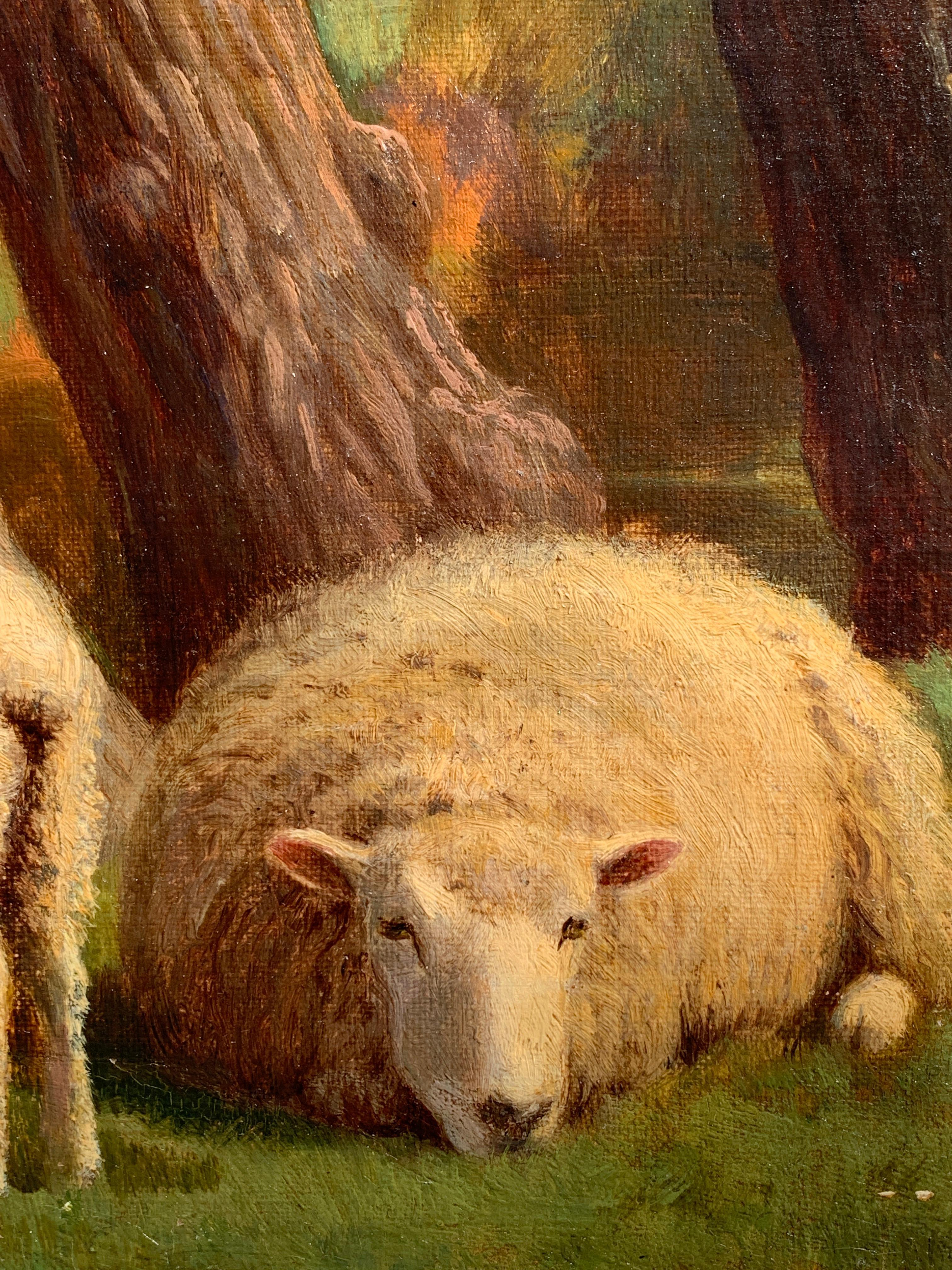 19th century English oil landscape with sheep resting by a willow tree & river - Victorian Painting by William Sidney Cooper