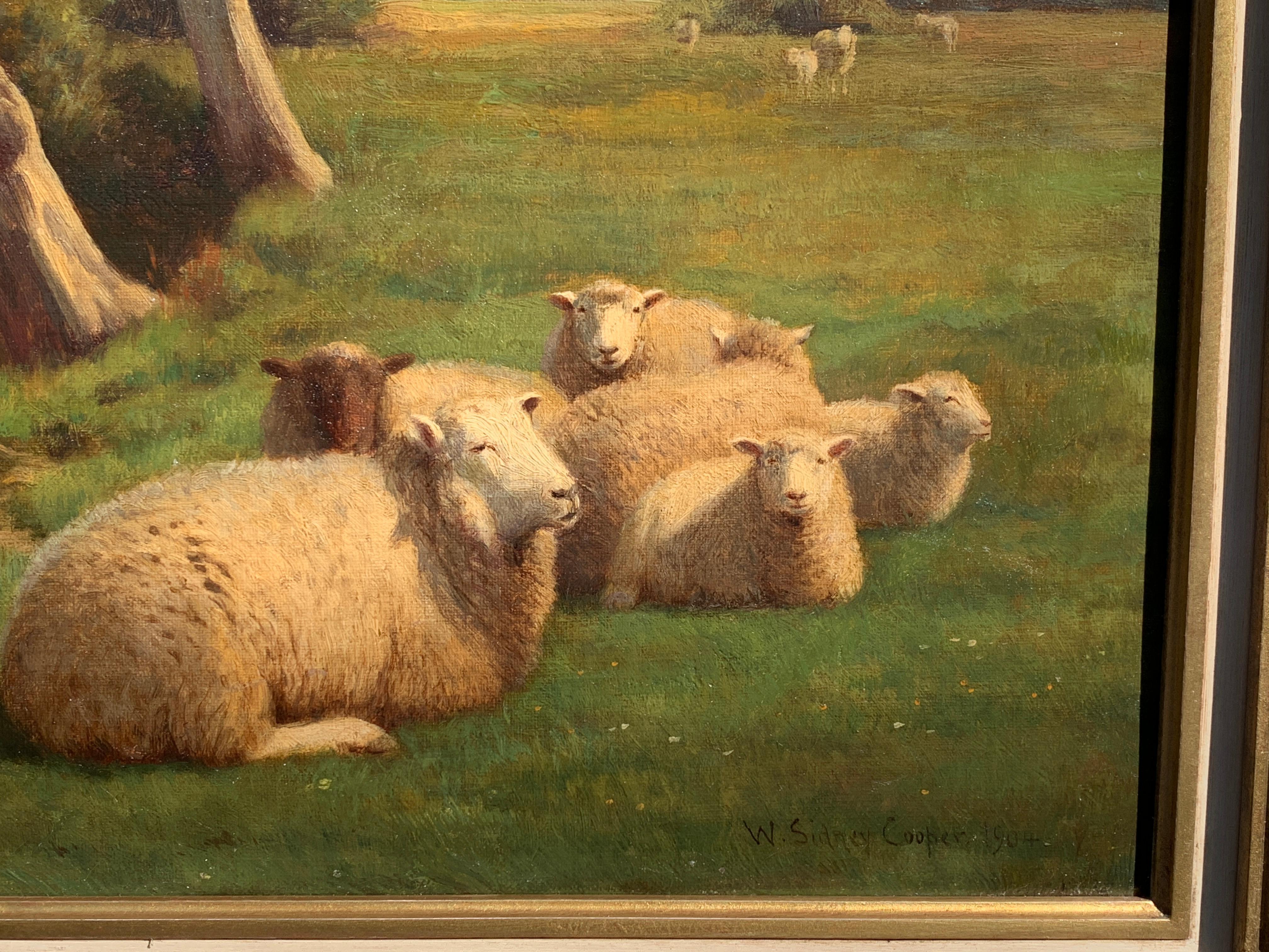 19th century English oil landscape with sheep resting by a willow tree & river - Brown Animal Painting by William Sidney Cooper