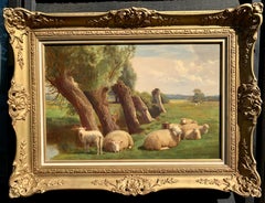 19th century English oil landscape with sheep resting by a willow tree & river