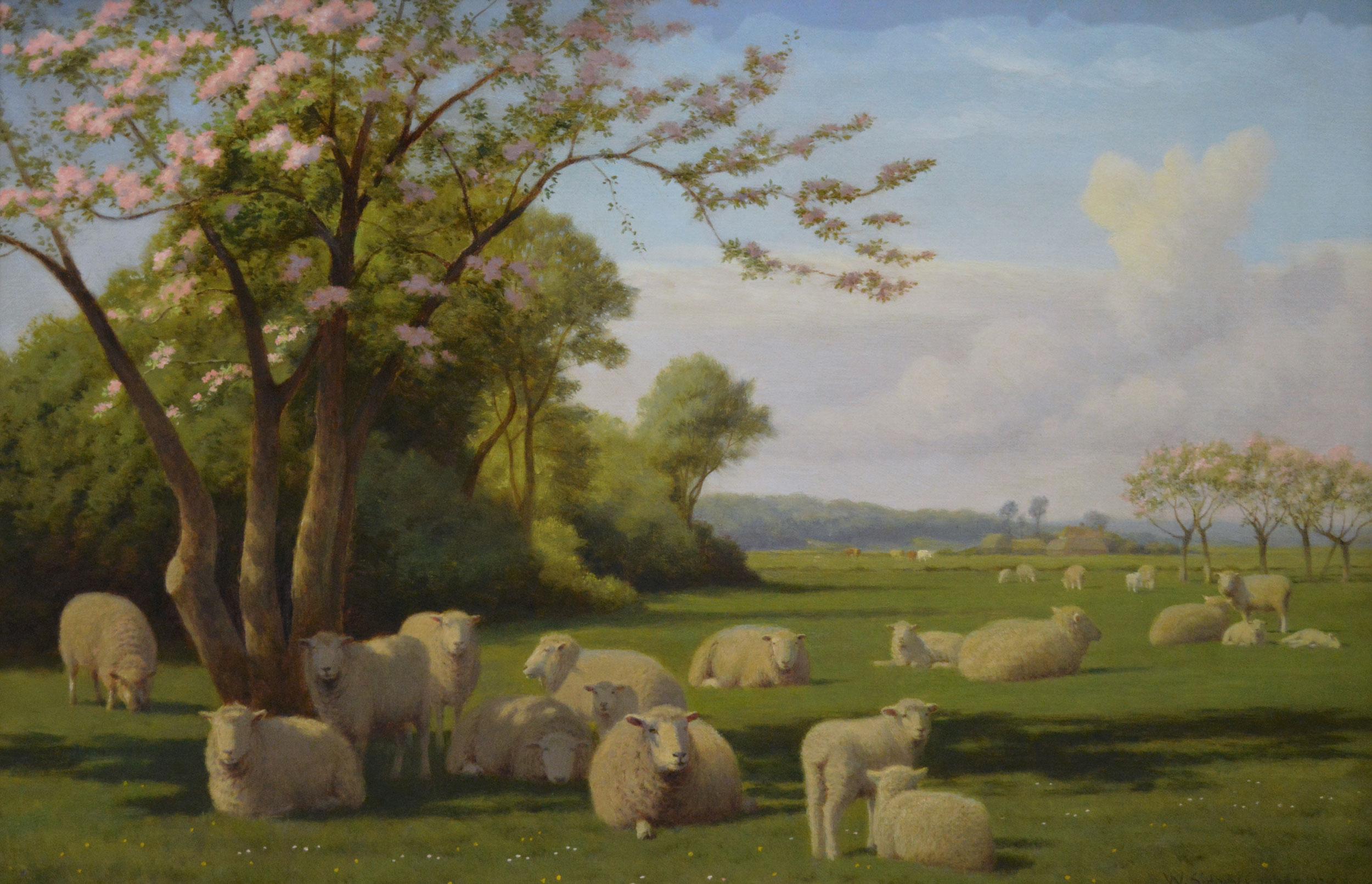 Paesaggio del 19° secolo con pecore vicino a un albero - Painting di William Sidney Cooper