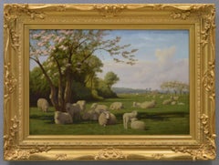 19th Century landscape animal oil painting of sheep by a tree