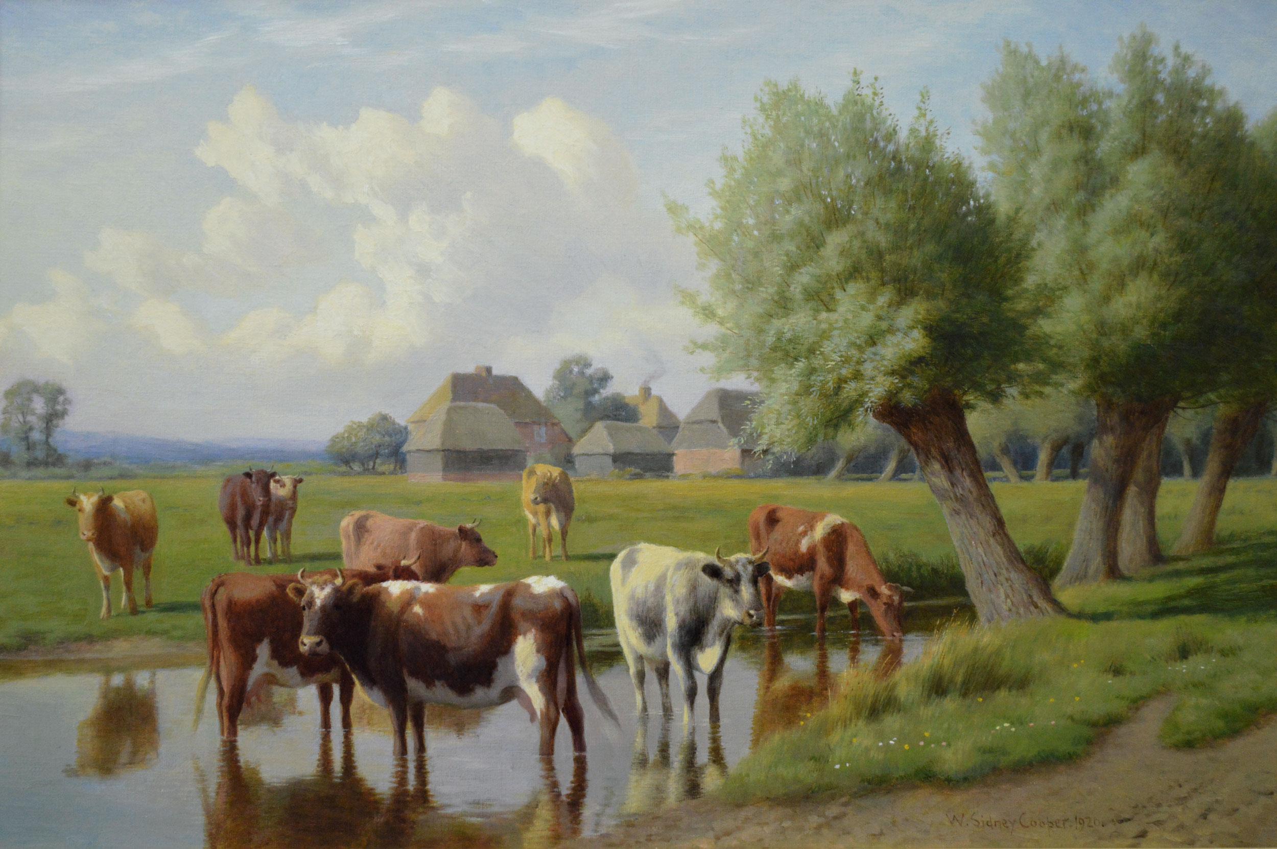 19th Century landscape oil painting of cattle by a Kent stream - Painting by William Sidney Cooper