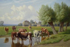 19th Century landscape oil painting of cattle by a Kent stream