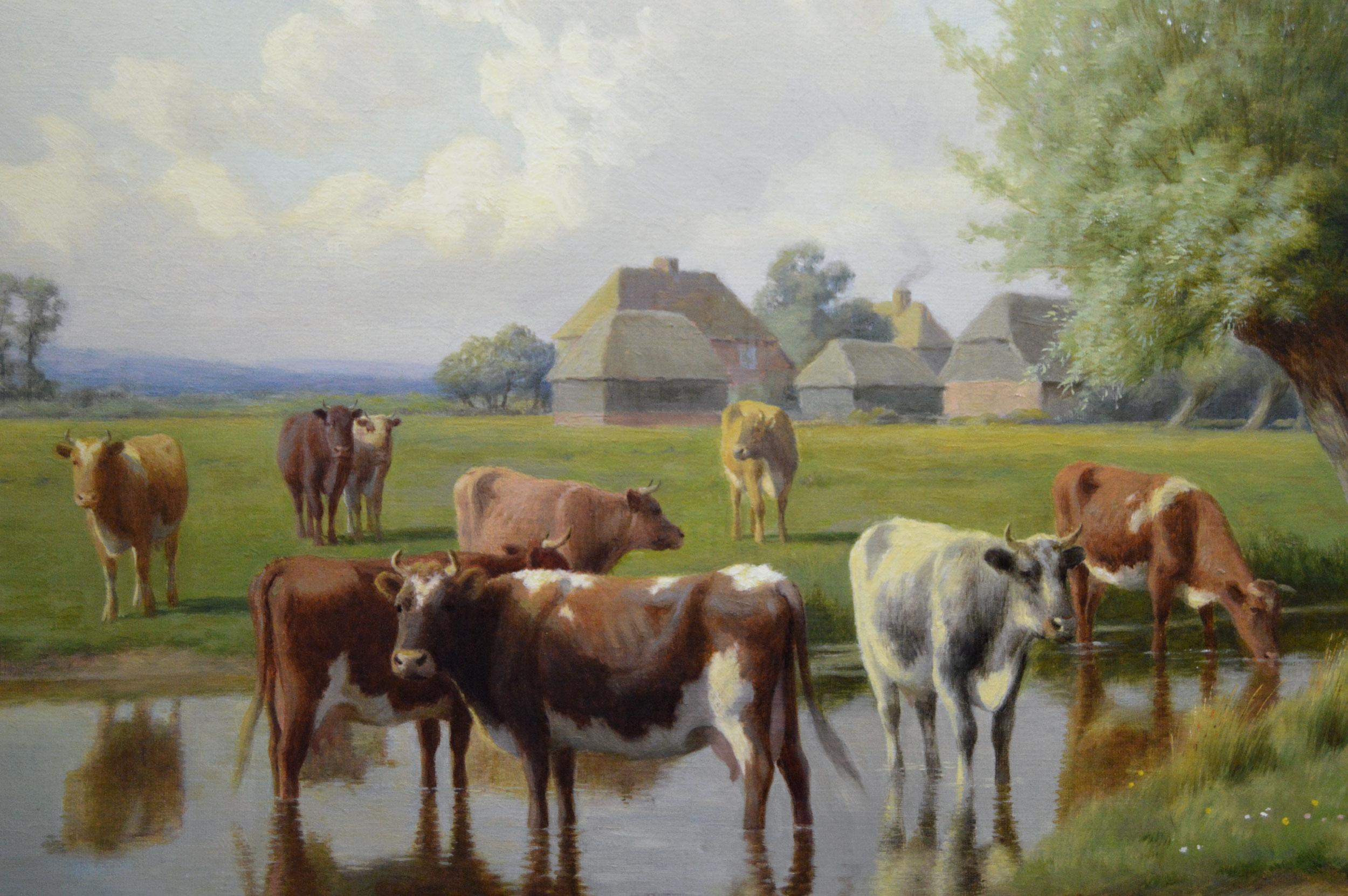 19th Century landscape oil painting of cattle by a Kent stream - Brown Animal Painting by William Sidney Cooper