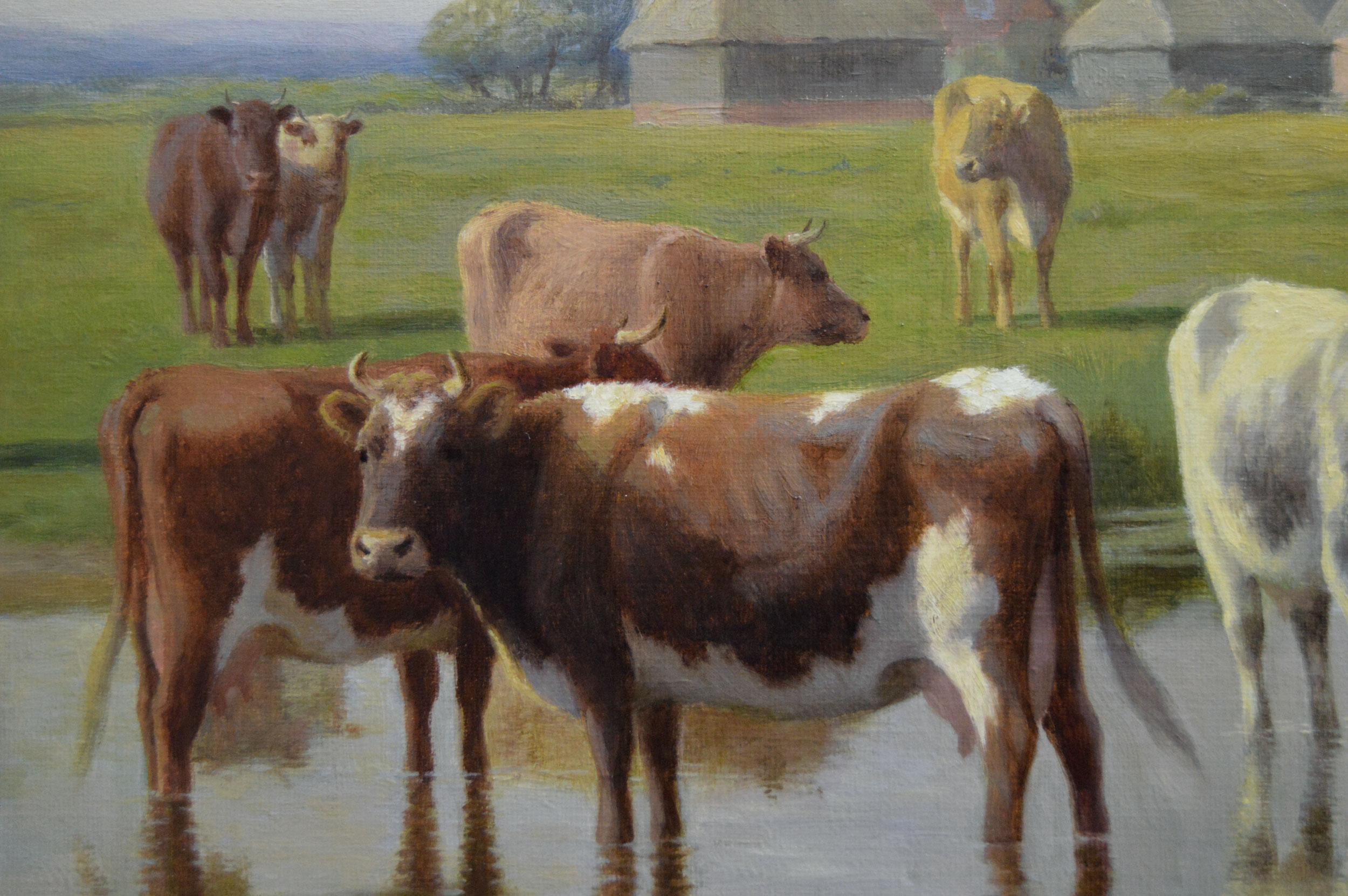 William Sidney Cooper
British, (1854-1927)
At Marshside, Kent
Oil on canvas, signed & dated 1920, inscribed in pencil verso
Image size: 15.5 inches x 23.5 inches 
Size including frame: 24.25 inches x 32.5 inches

A restful painting of cattle next to
