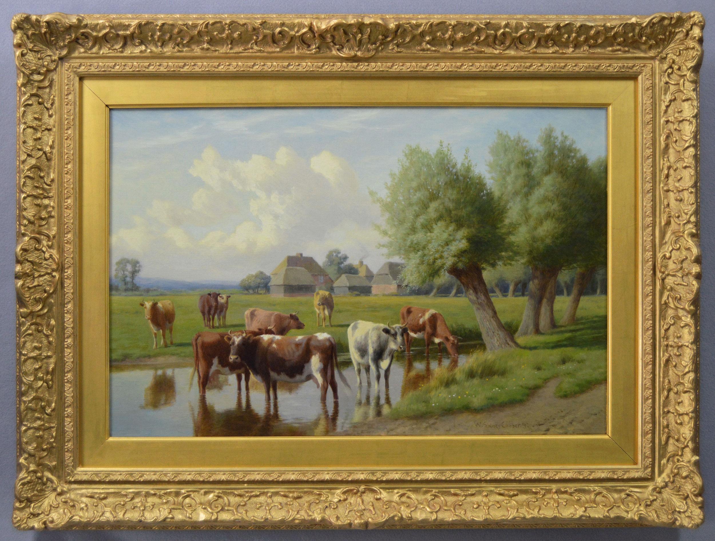 William Sidney Cooper Animal Painting - 19th Century landscape oil painting of cattle by a Kent stream